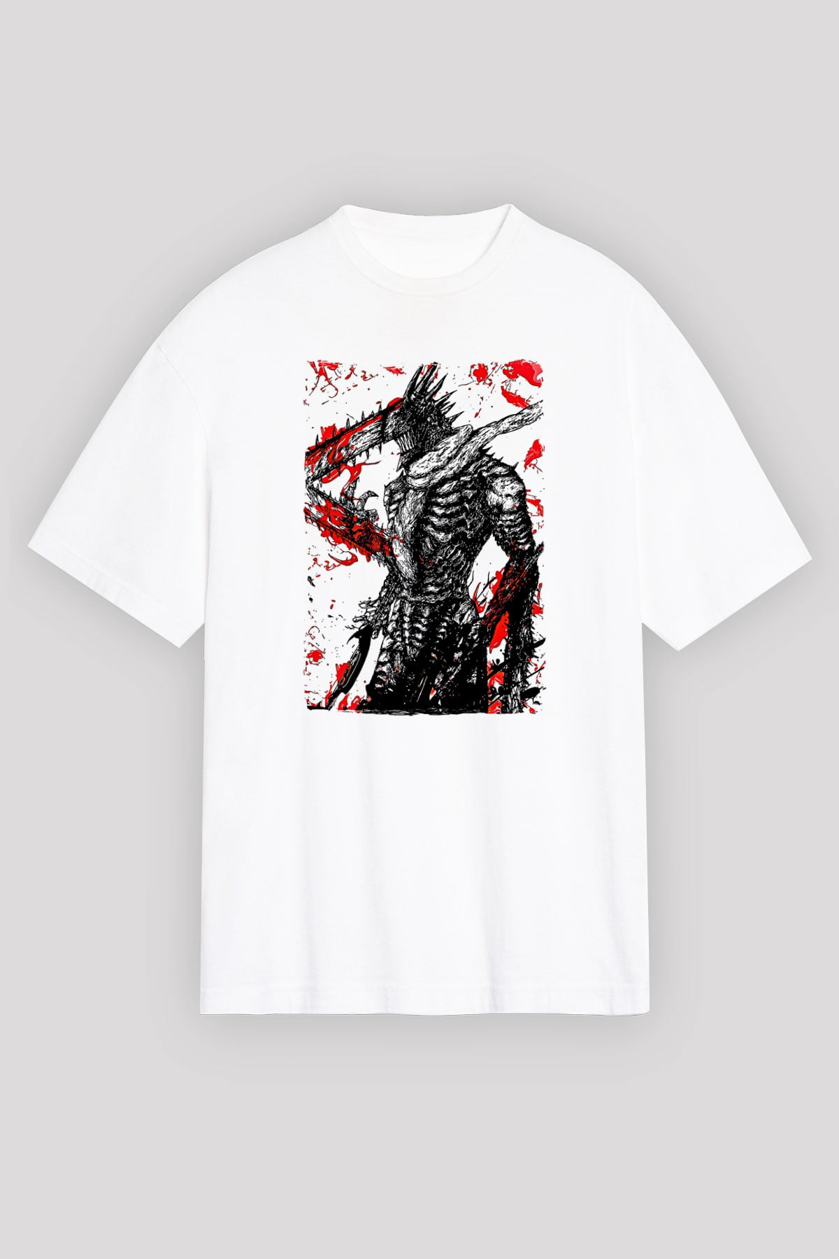 Chainsaw Man Baskılı Beyaz Unisex Oversize Tişört - Tshirt