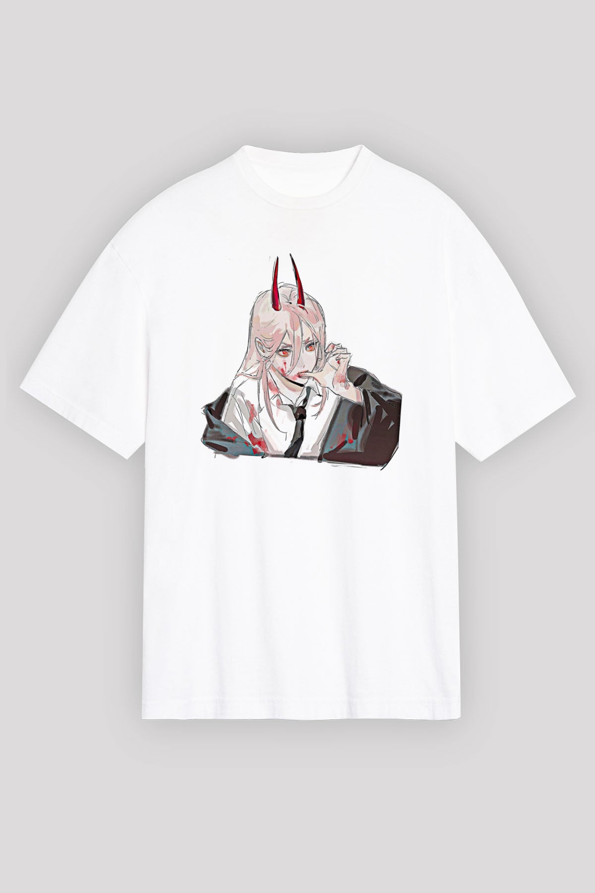 Chainsaw Man Baskılı Beyaz Unisex Oversize Tişört - Tshirt
