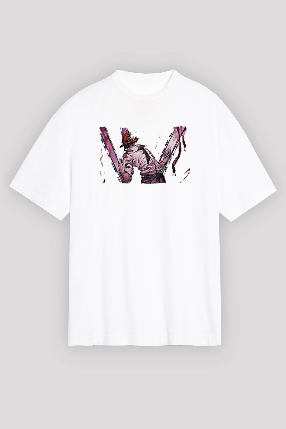 Chainsaw Man Baskılı Beyaz Unisex Oversize Tişört - Tshirt