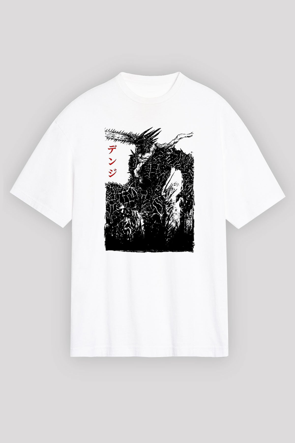 Chainsaw Man Baskılı Beyaz Unisex Oversize Tişört - Tshirt