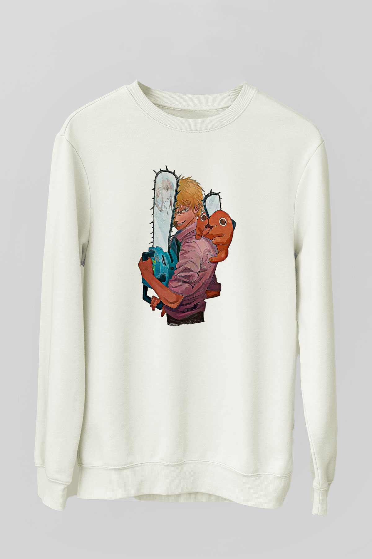 Chainsaw Man Baskılı Beyaz Unisex Sweatshirt