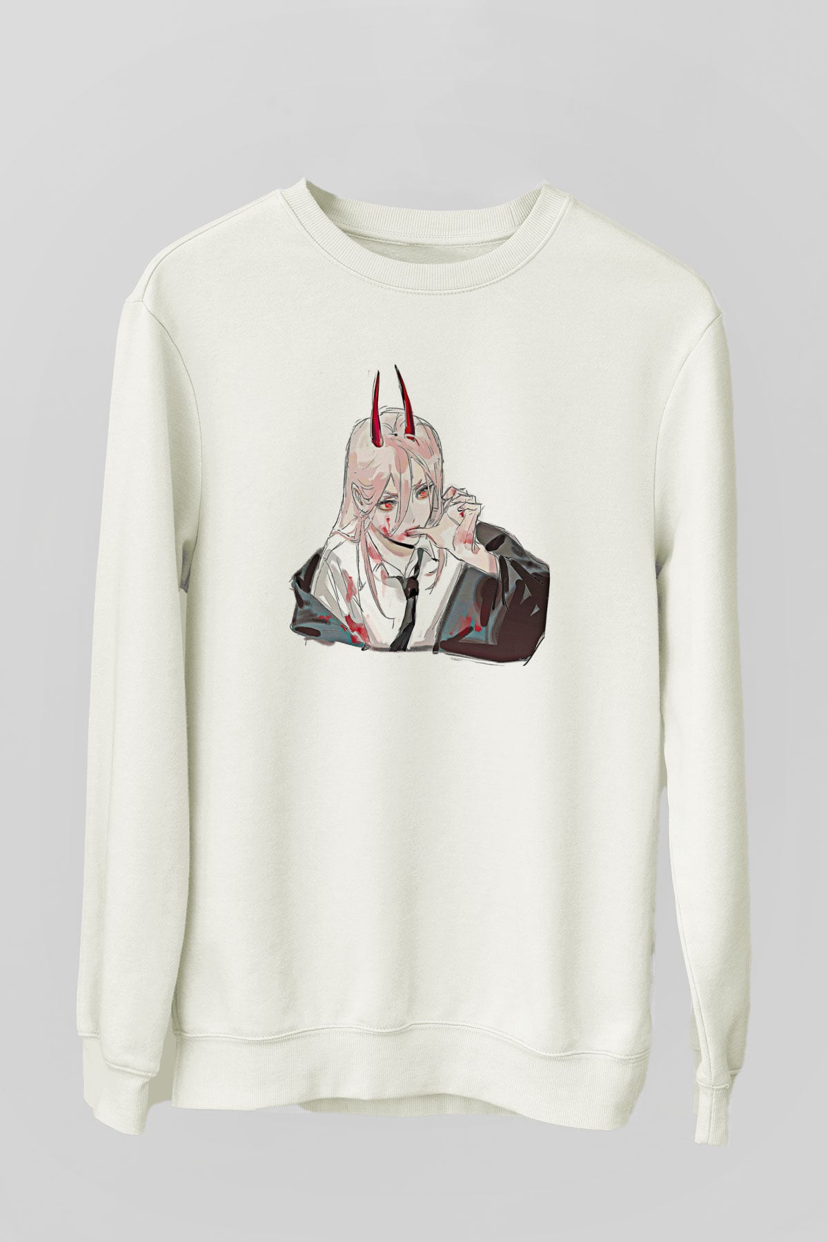 Chainsaw Man Baskılı Beyaz Unisex Sweatshirt