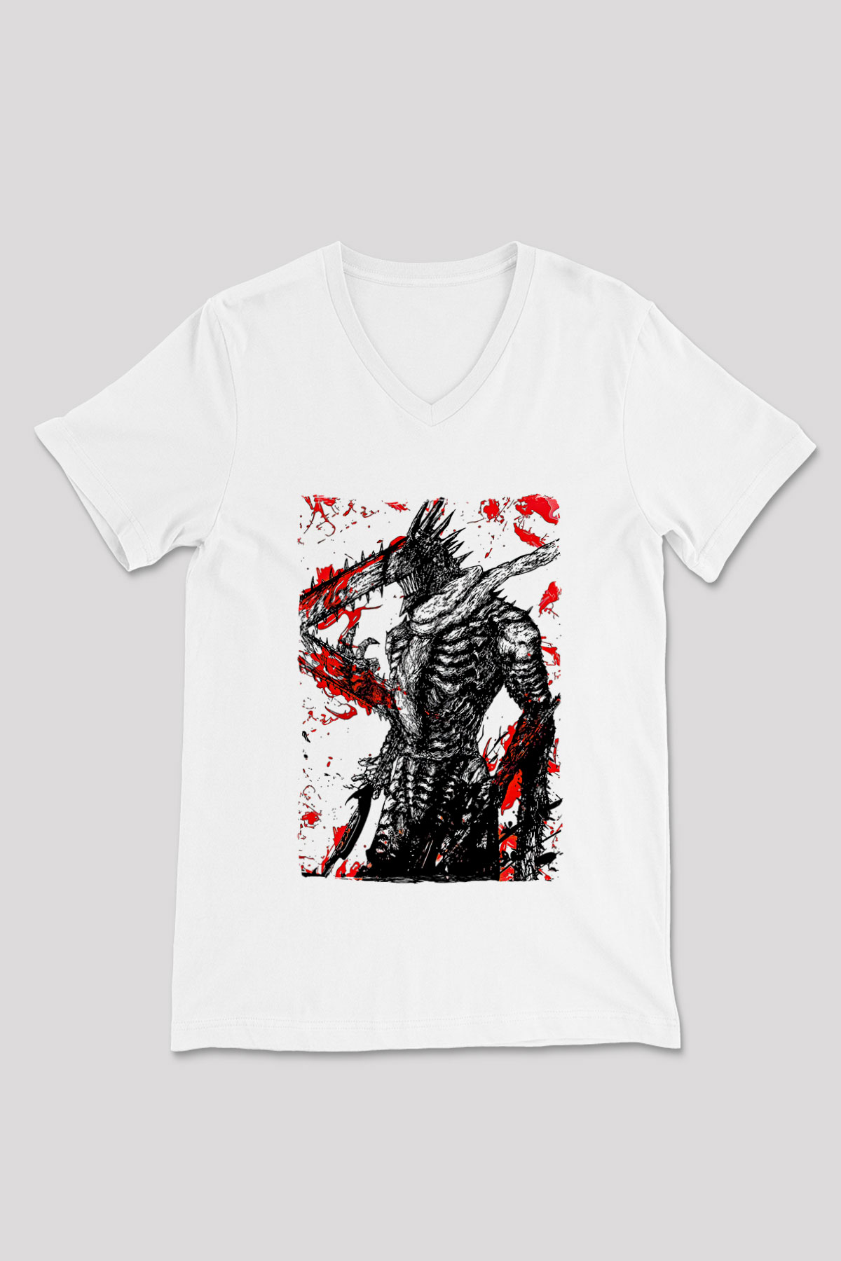 Chainsaw Man Baskılı Beyaz Unisex V Yaka Tişört - Tshirt