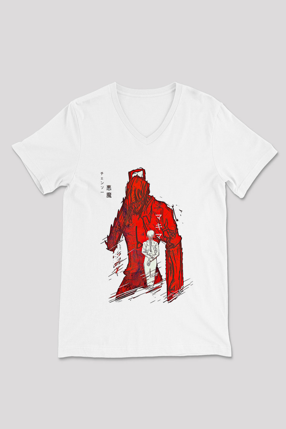Chainsaw Man Baskılı Beyaz Unisex V Yaka Tişört - Tshirt