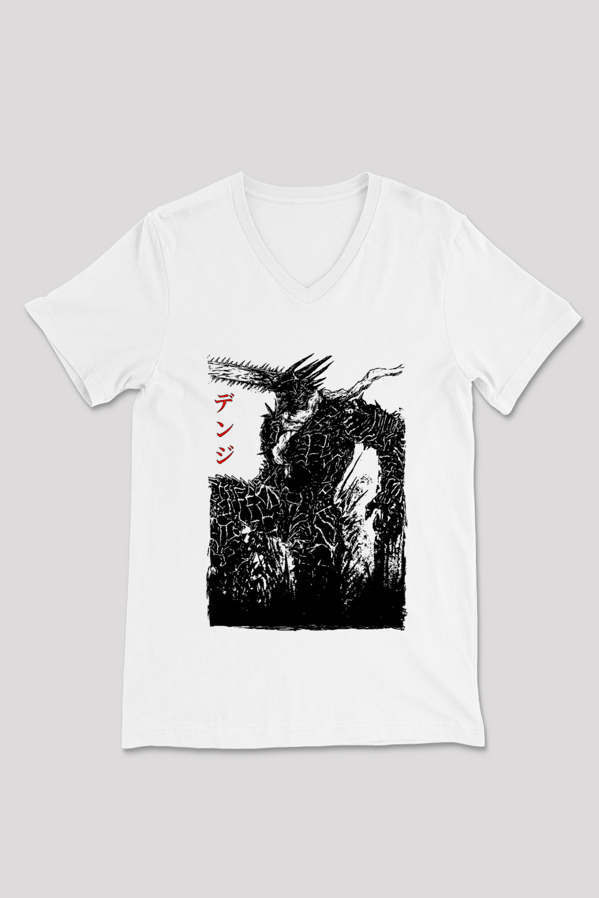 Chainsaw Man Baskılı Beyaz Unisex V Yaka Tişört - Tshirt