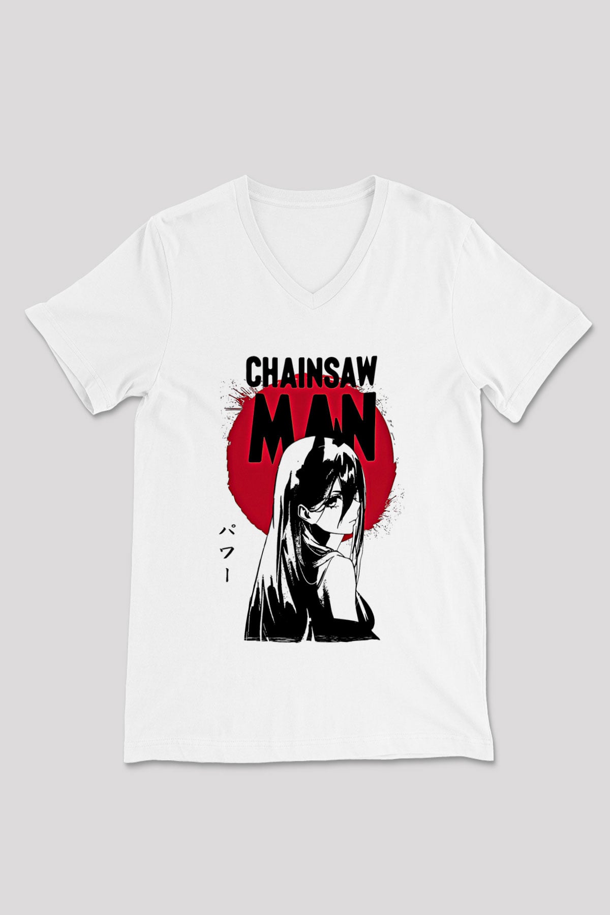 Chainsaw Man Baskılı Beyaz Unisex V Yaka Tişört - Tshirt