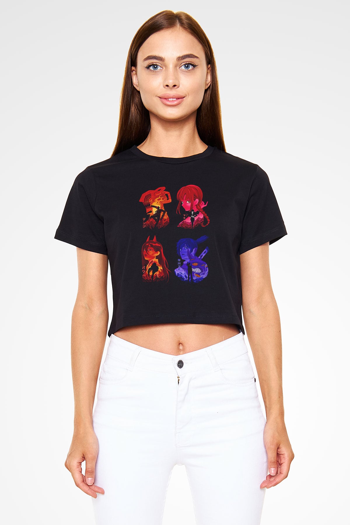 Chainsaw Man Baskılı Siyah Crop Top Kadın Tişört - Tshirt