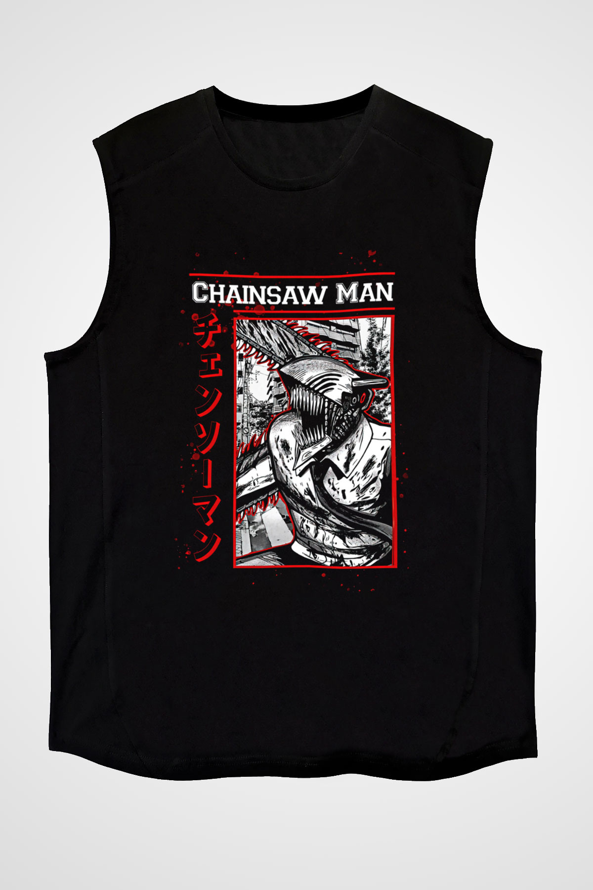 Chainsaw Man Baskılı Unisex Siyah Kolsuz Tişört - Tshirt