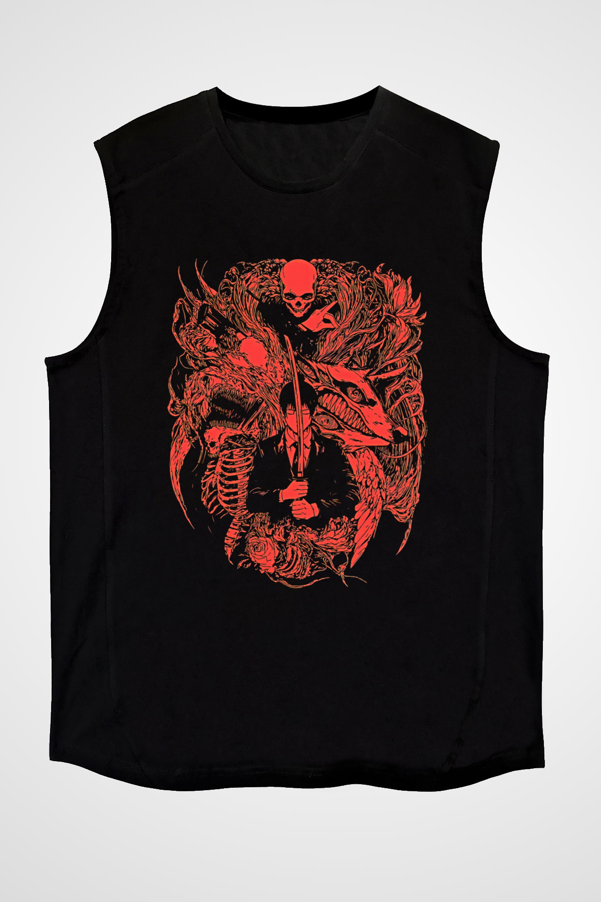 Chainsaw Man Baskılı Unisex Siyah Kolsuz Tişört - Tshirt