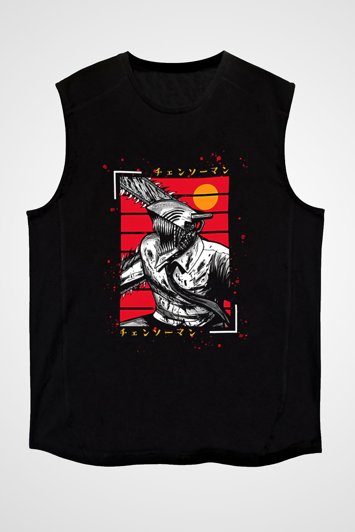 Chainsaw Man Baskılı Unisex Siyah Kolsuz Tişört - Tshirt