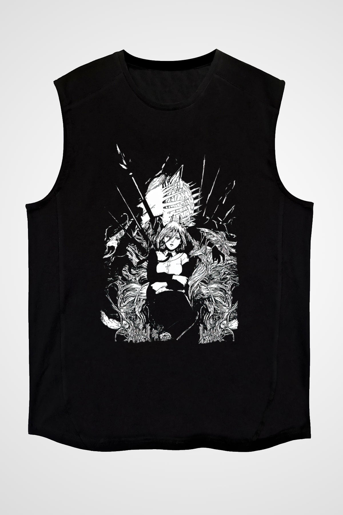 Chainsaw Man Baskılı Unisex Siyah Kolsuz Tişört - Tshirt