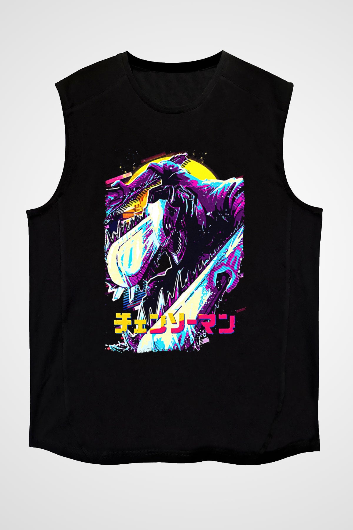 Chainsaw Man Baskılı Unisex Siyah Kolsuz Tişört - Tshirt