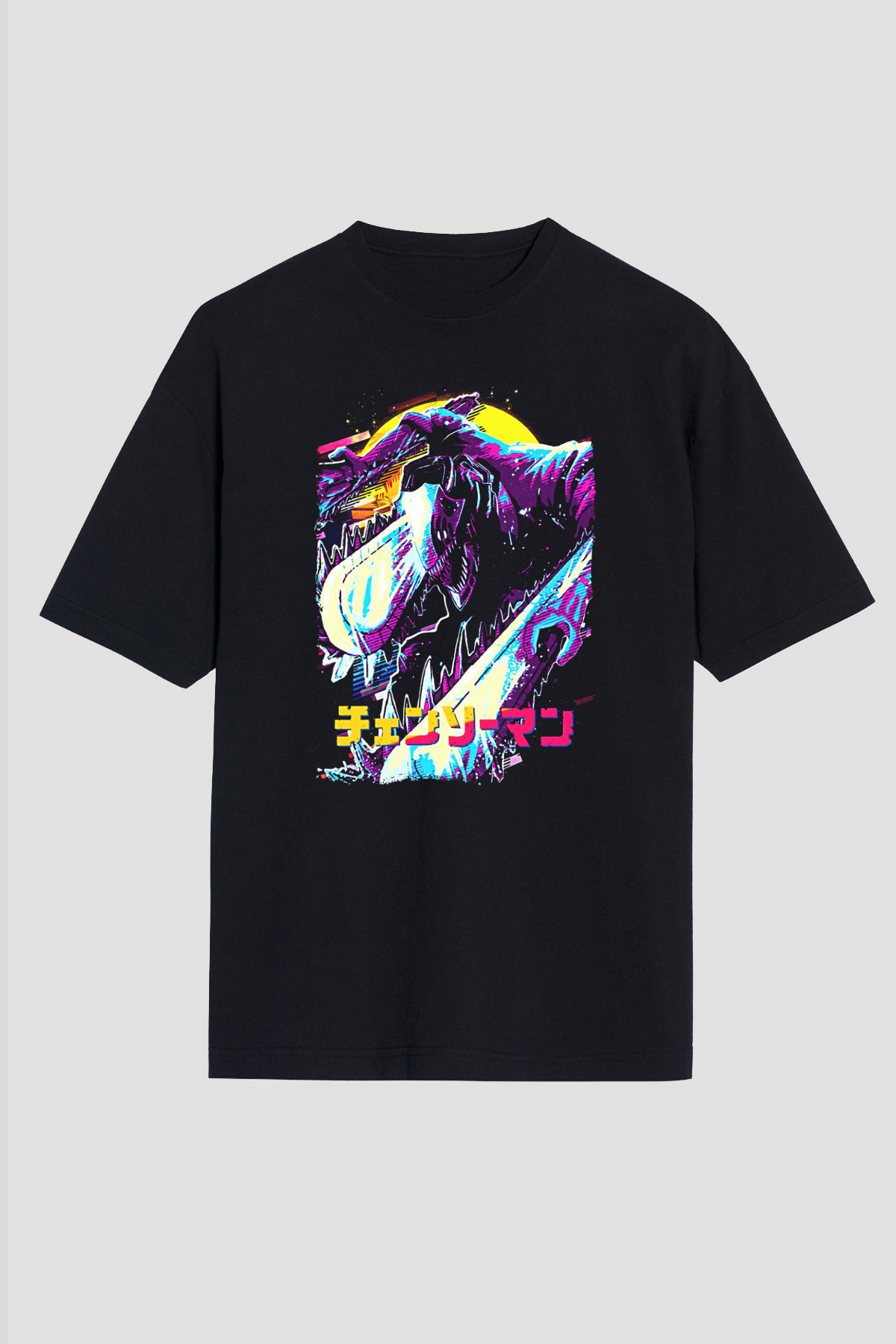 Chainsaw Man Baskılı Unisex Siyah Oversize Tişört - Tshirt