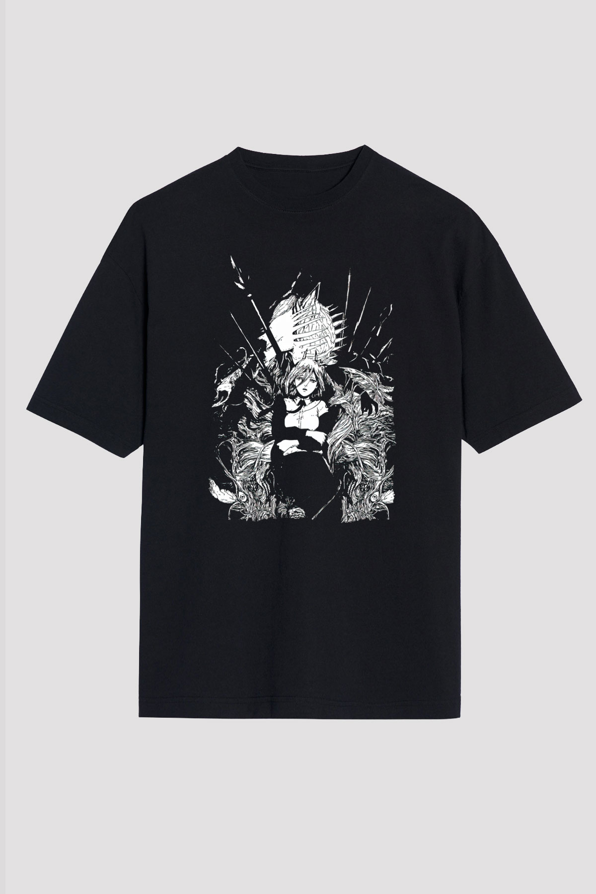 Chainsaw Man Baskılı Unisex Siyah Oversize Tişört - Tshirt