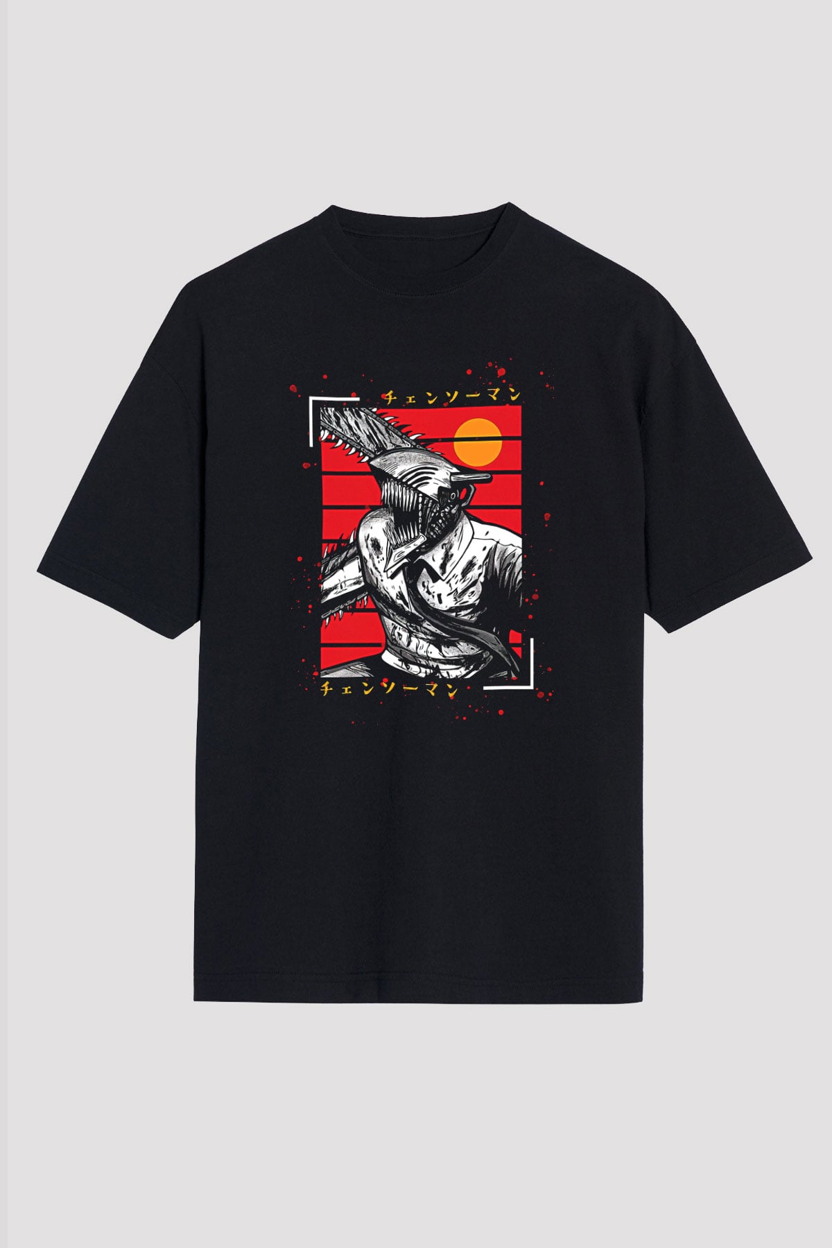 Chainsaw Man Baskılı Unisex Siyah Oversize Tişört - Tshirt