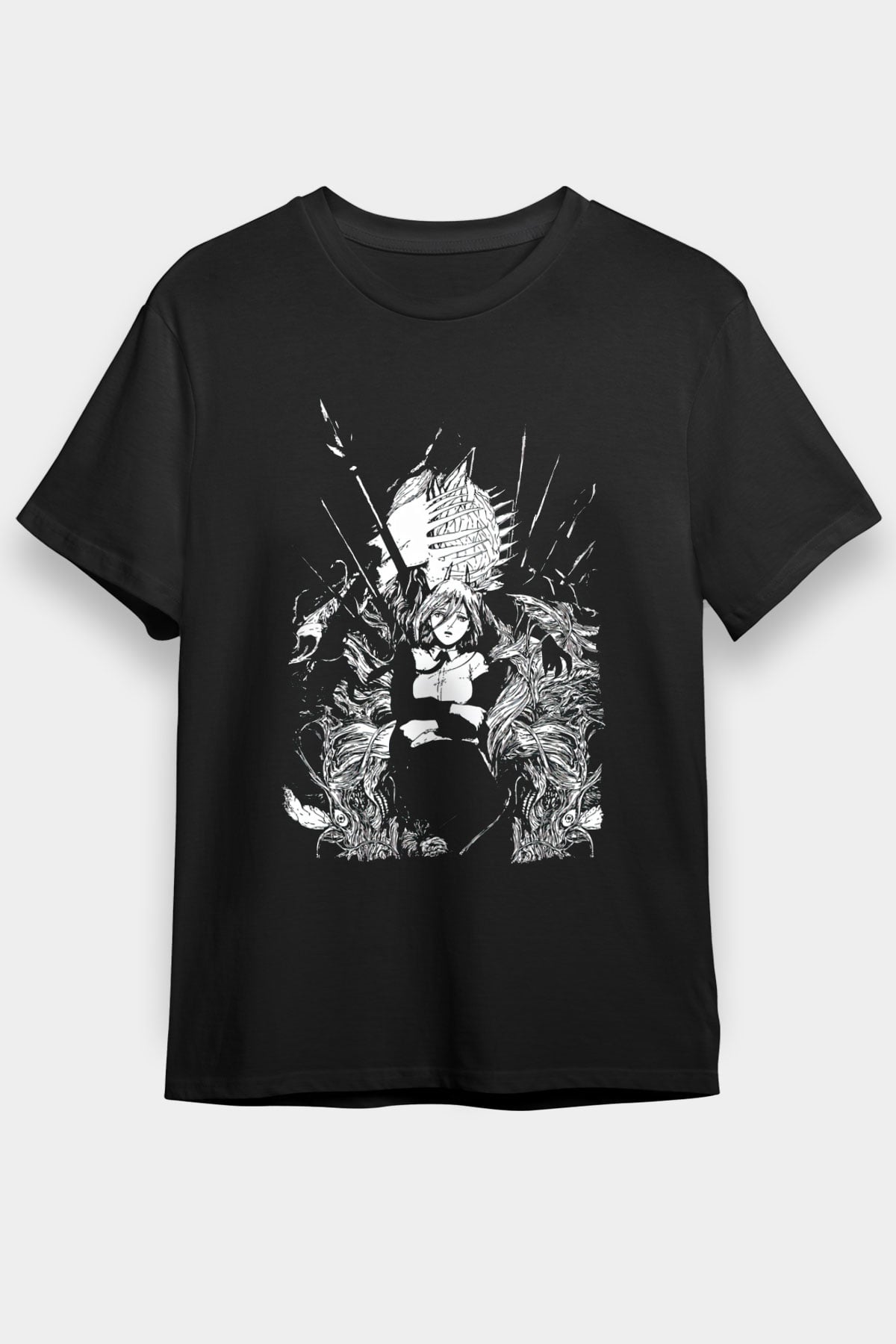 Chainsaw Man Baskılı Unisex Siyah Tişört - Tshirt