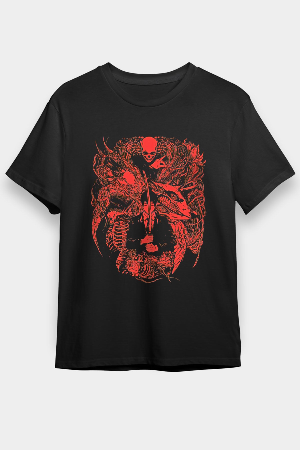 Chainsaw Man Baskılı Unisex Siyah Tişört - Tshirt