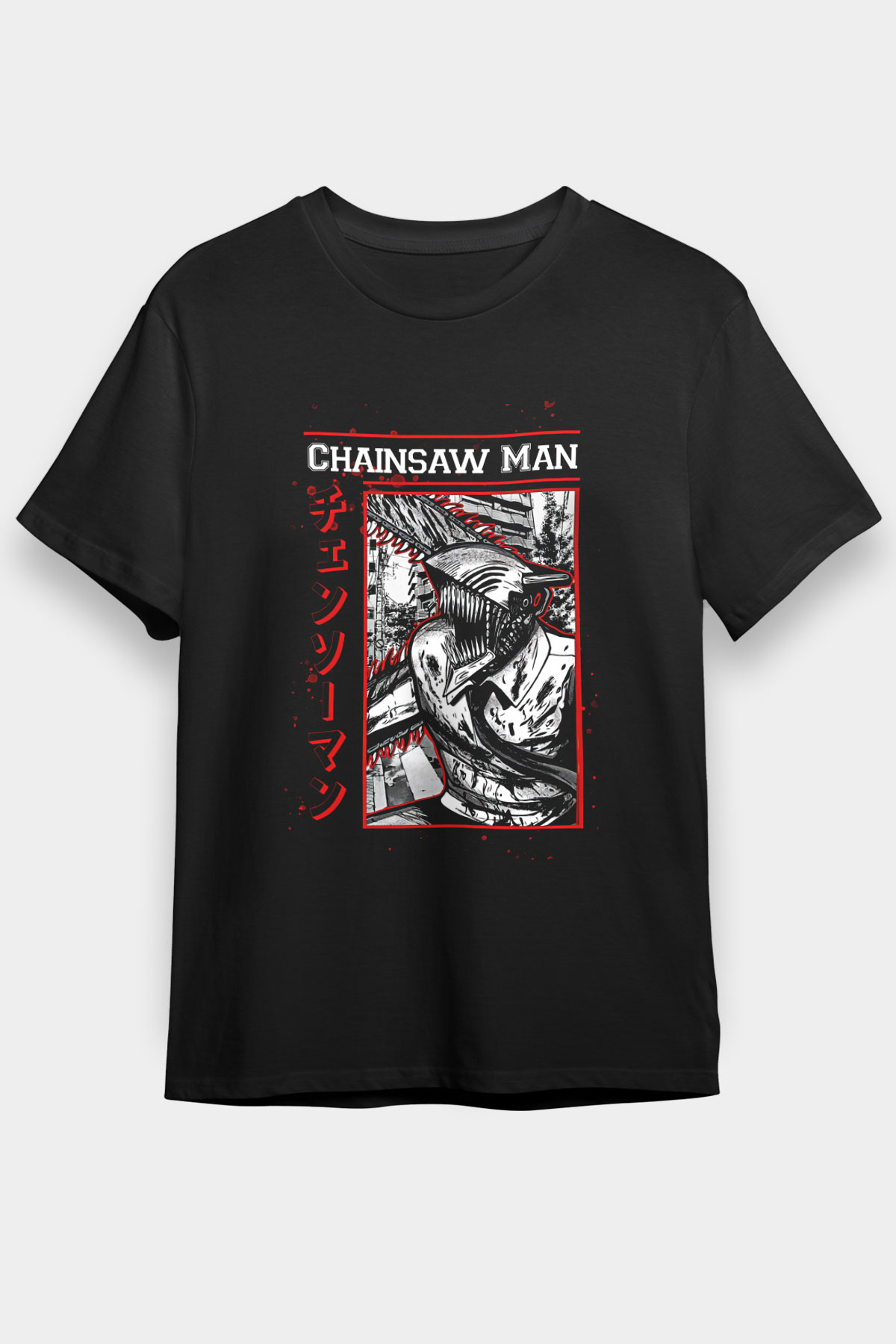 Chainsaw Man Baskılı Unisex Siyah Tişört - Tshirt