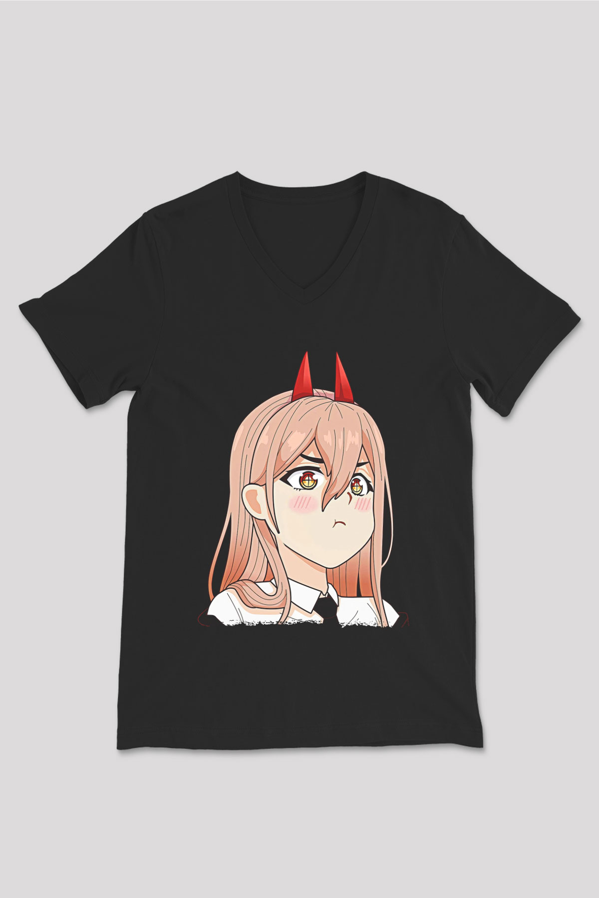 Chainsaw Man Baskılı Unisex Siyah V Yaka Tişört - Tshirt