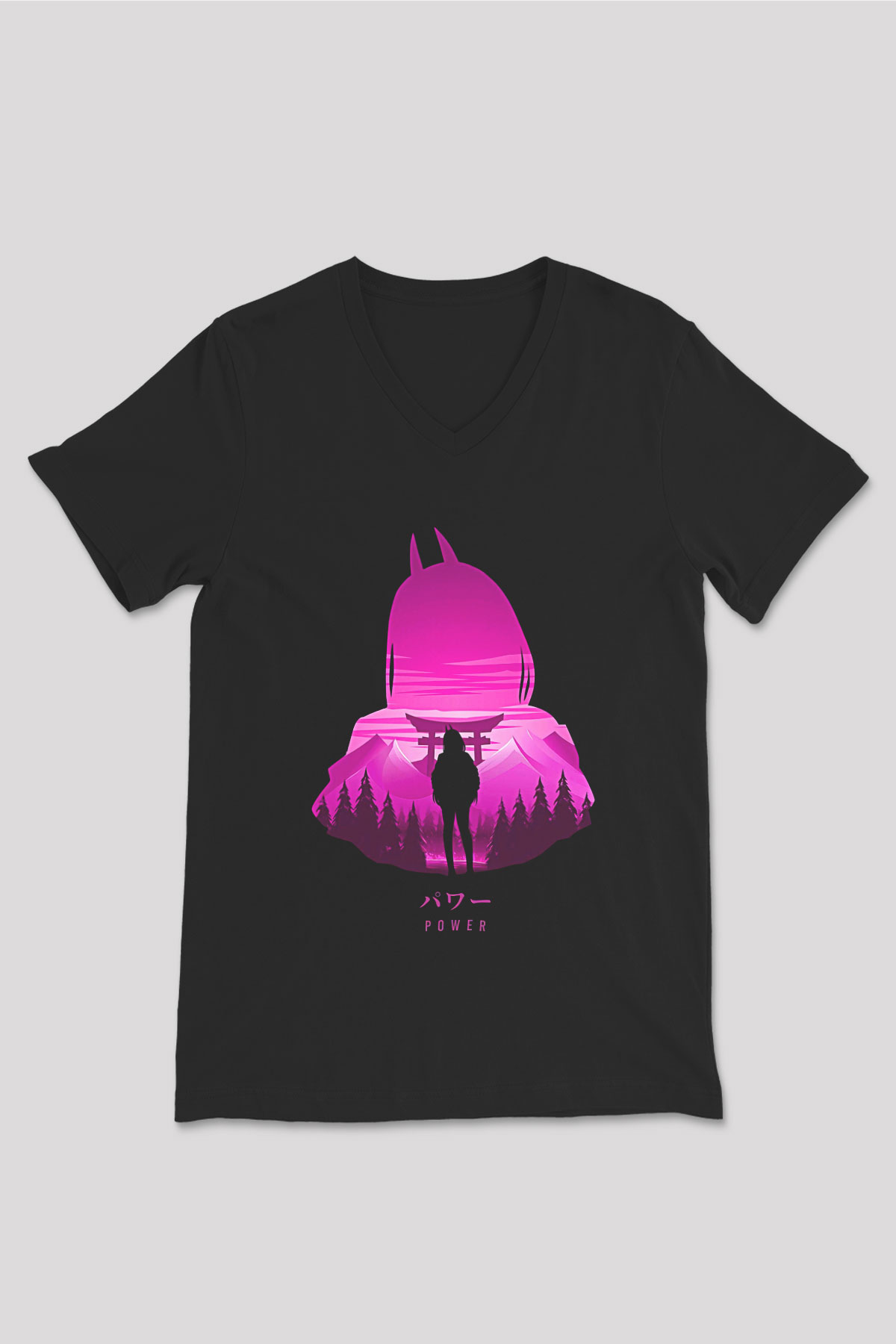 Chainsaw Man Baskılı Unisex Siyah V Yaka Tişört - Tshirt