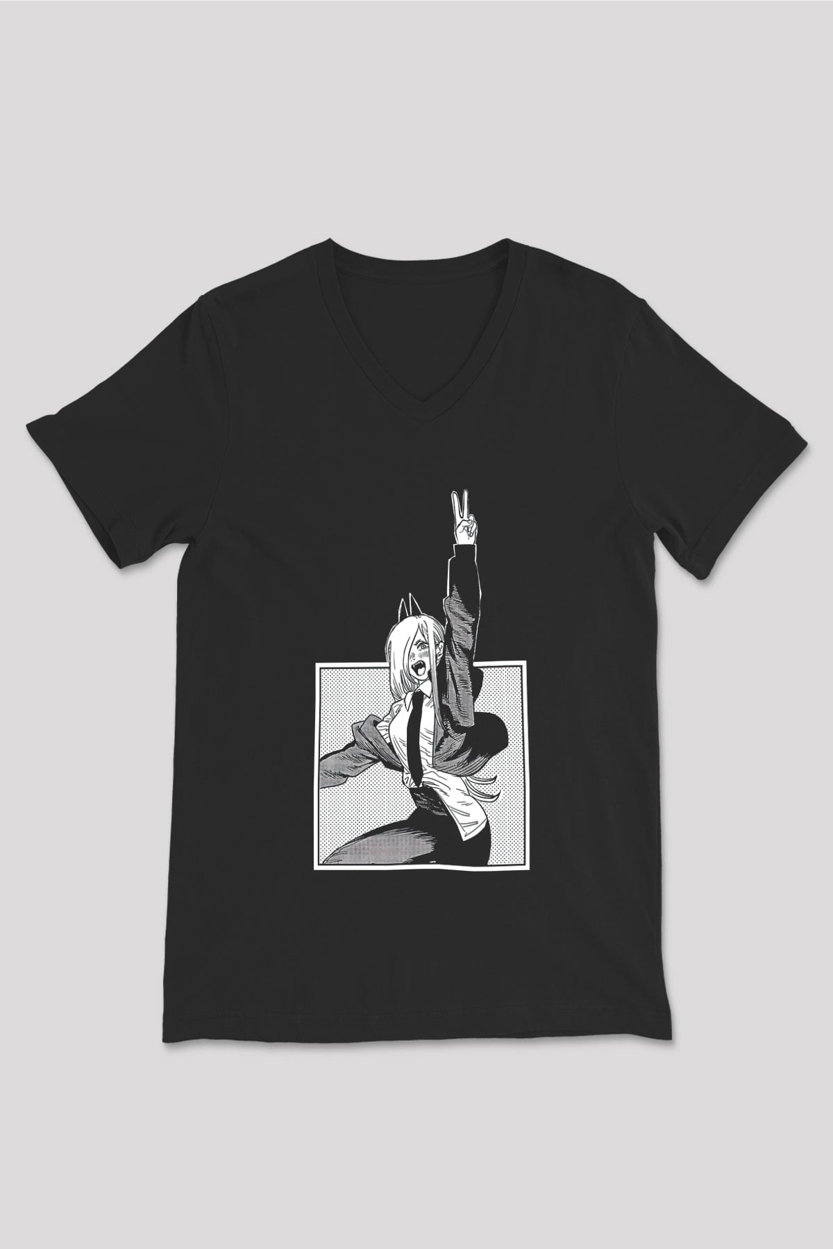 Chainsaw Man Baskılı Unisex Siyah V Yaka Tişört - Tshirt