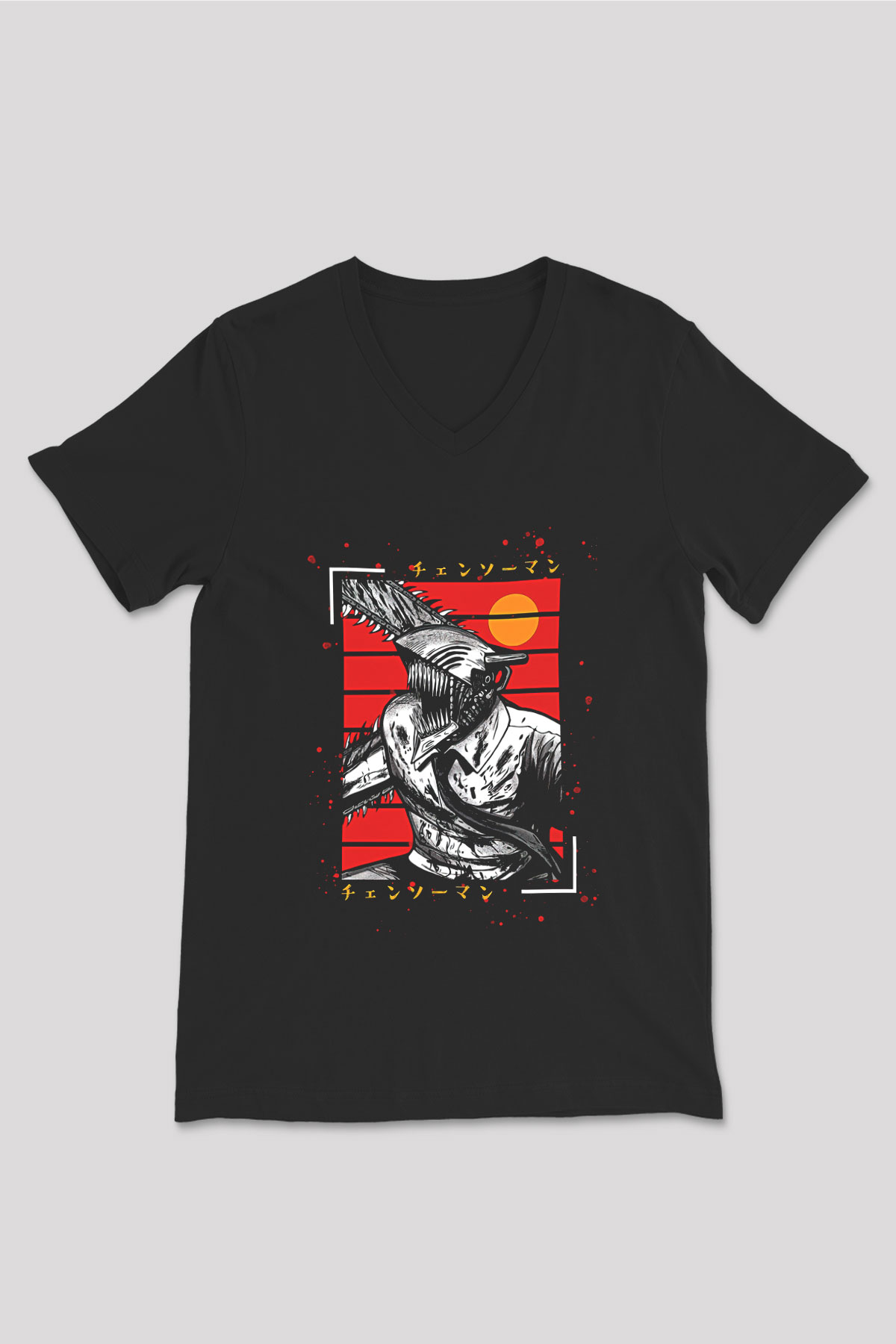 Chainsaw Man Baskılı Unisex Siyah V Yaka Tişört - Tshirt