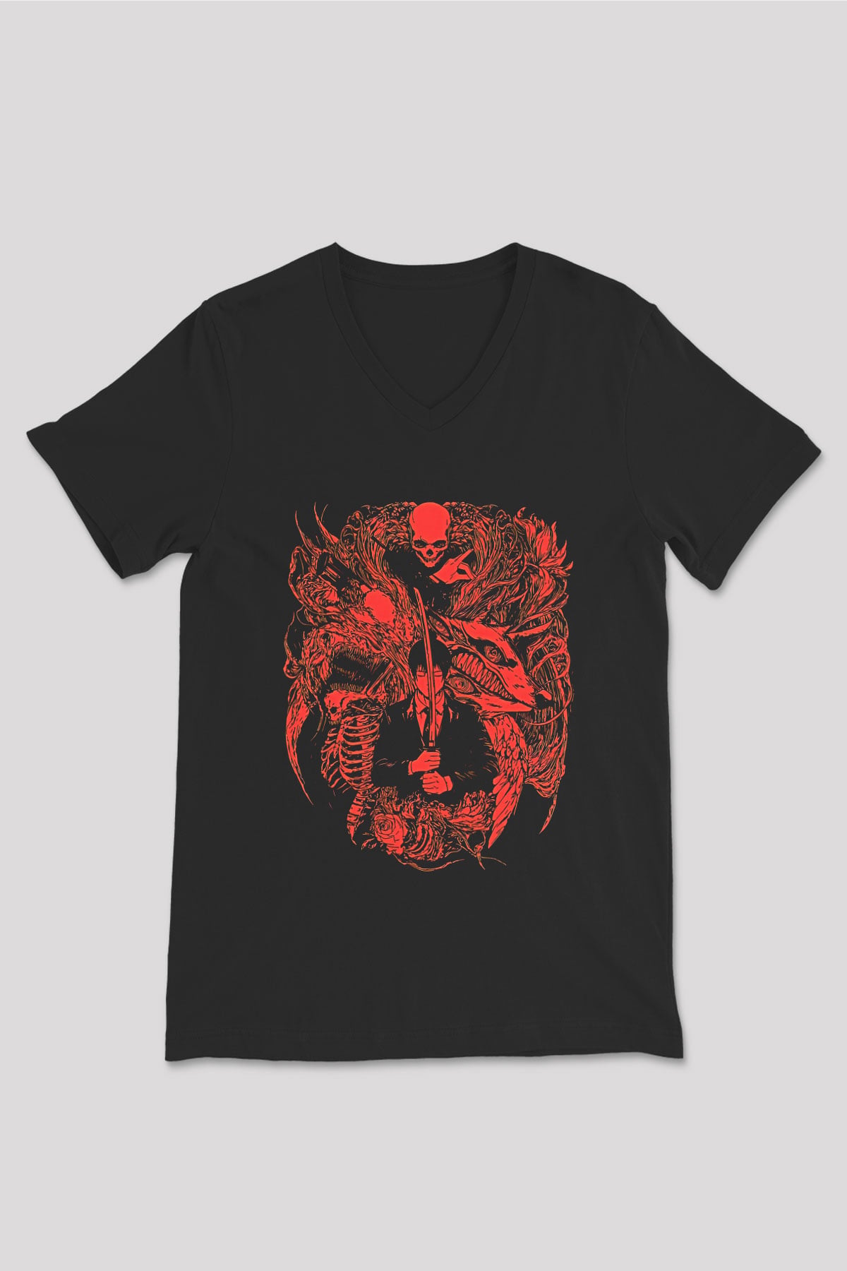 Chainsaw Man Baskılı Unisex Siyah V Yaka Tişört - Tshirt