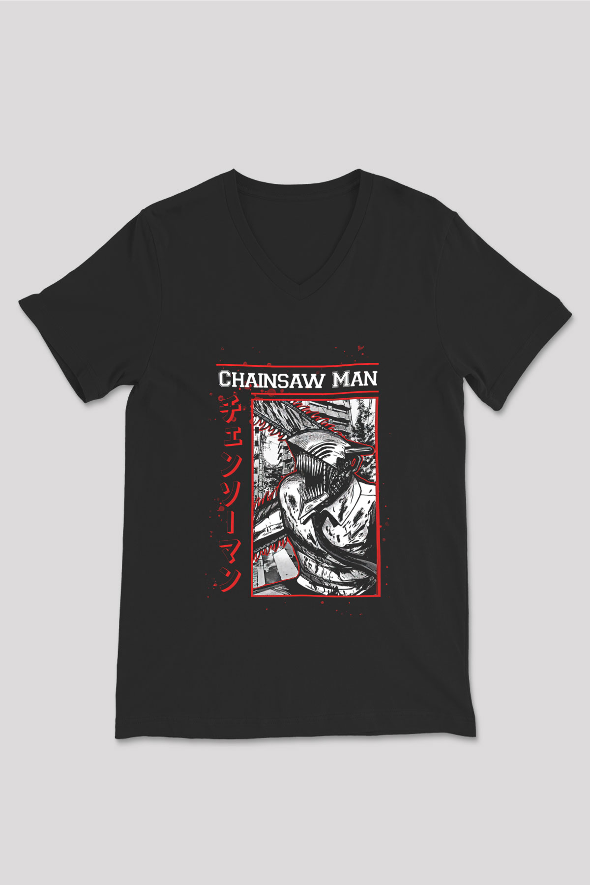 Chainsaw Man Baskılı Unisex Siyah V Yaka Tişört - Tshirt