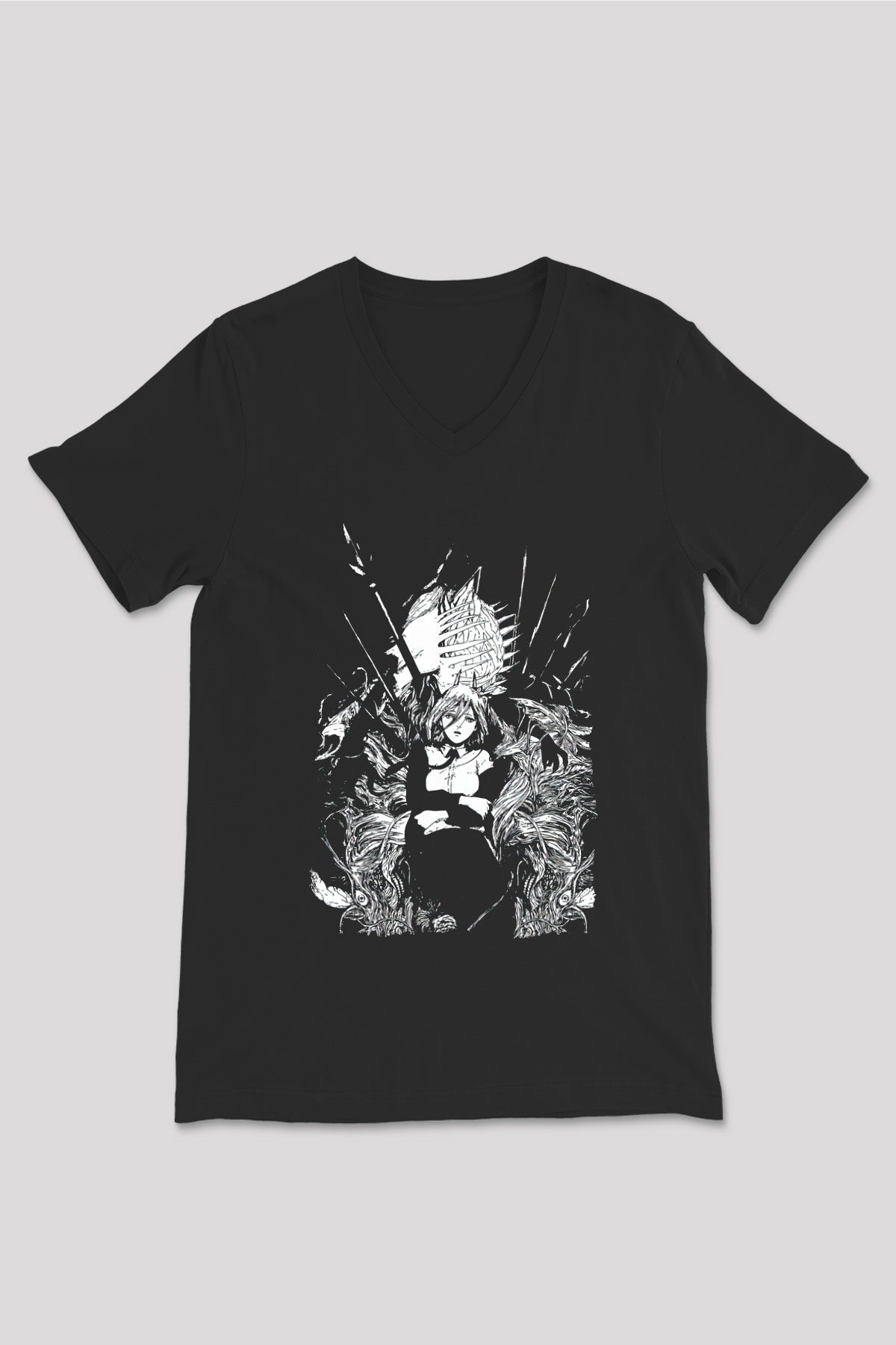 Chainsaw Man Baskılı Unisex Siyah V Yaka Tişört - Tshirt
