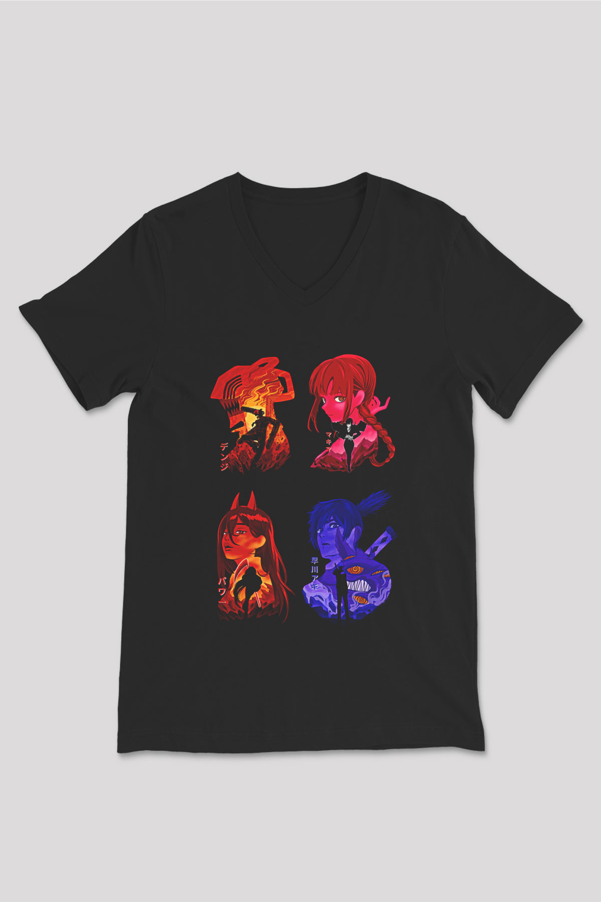 Chainsaw Man Baskılı Unisex Siyah V Yaka Tişört - Tshirt