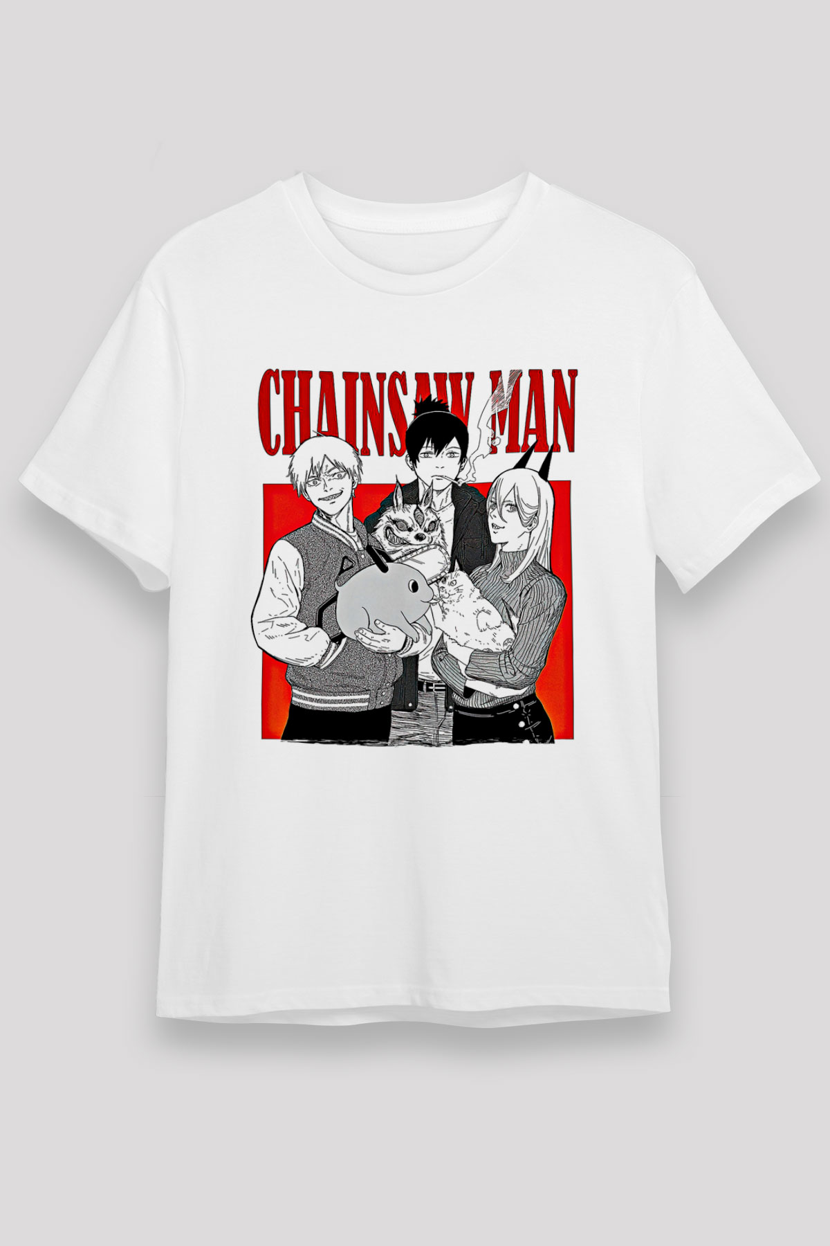Chainsaw Man Unisex Baskılı Beyaz Tişört - Tshirt