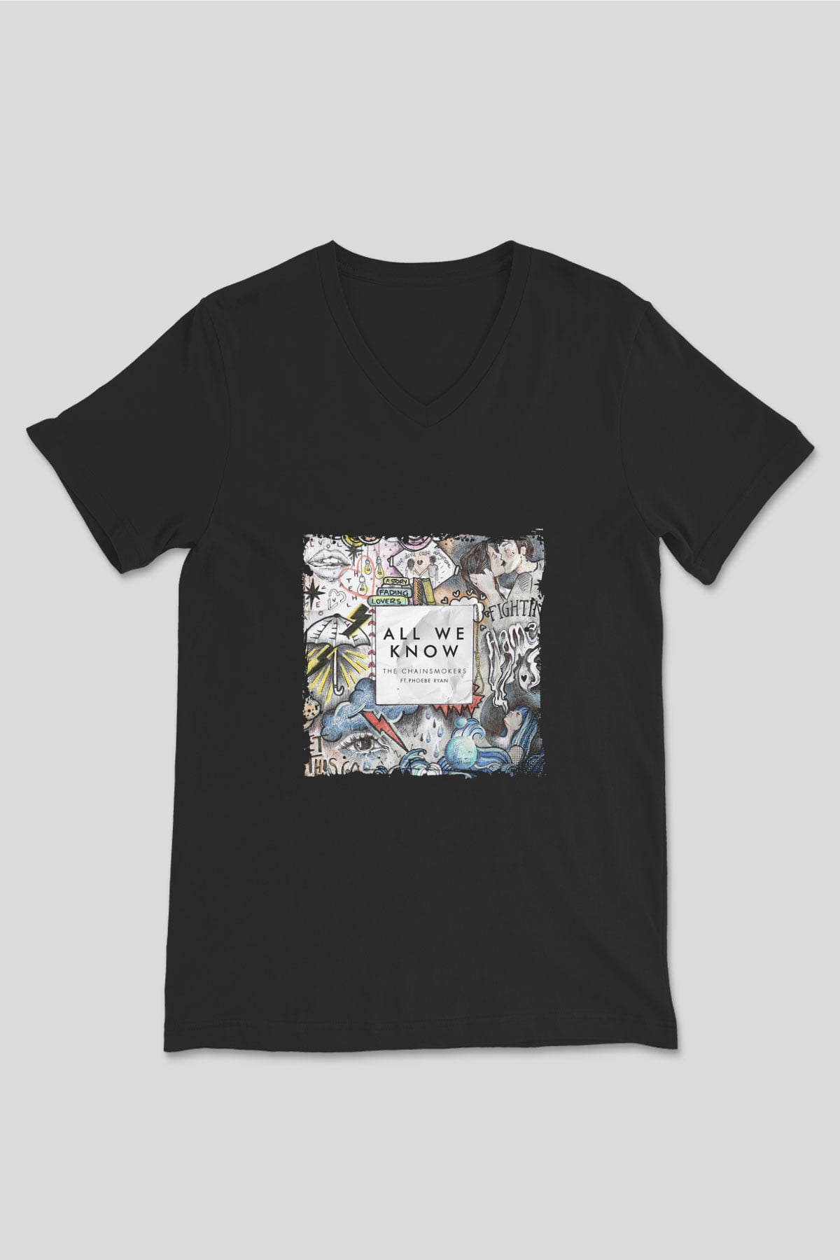 Chainsmokers Baskılı Unisex Siyah V Yaka Tişört