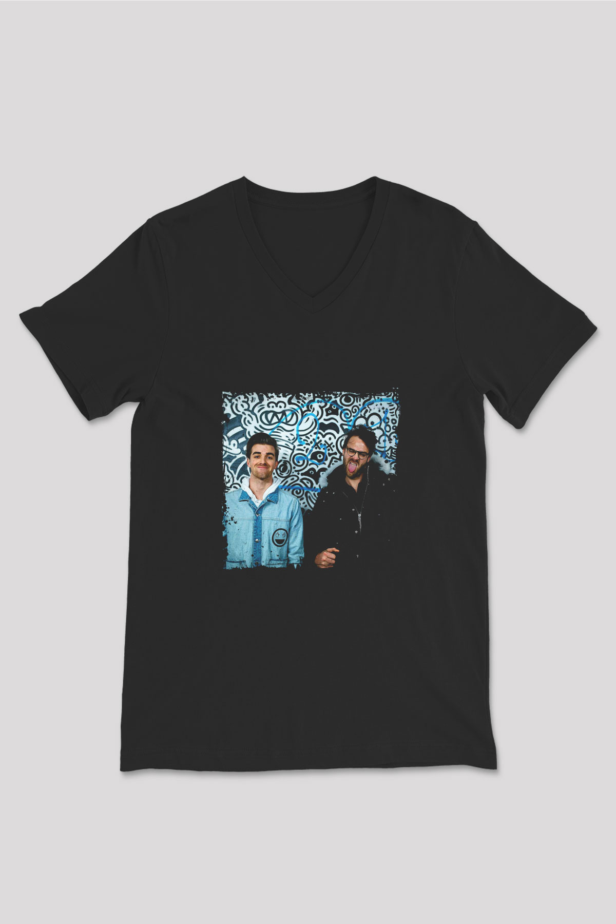 Chainsmokers Baskılı Unisex Siyah V Yaka Tişört
