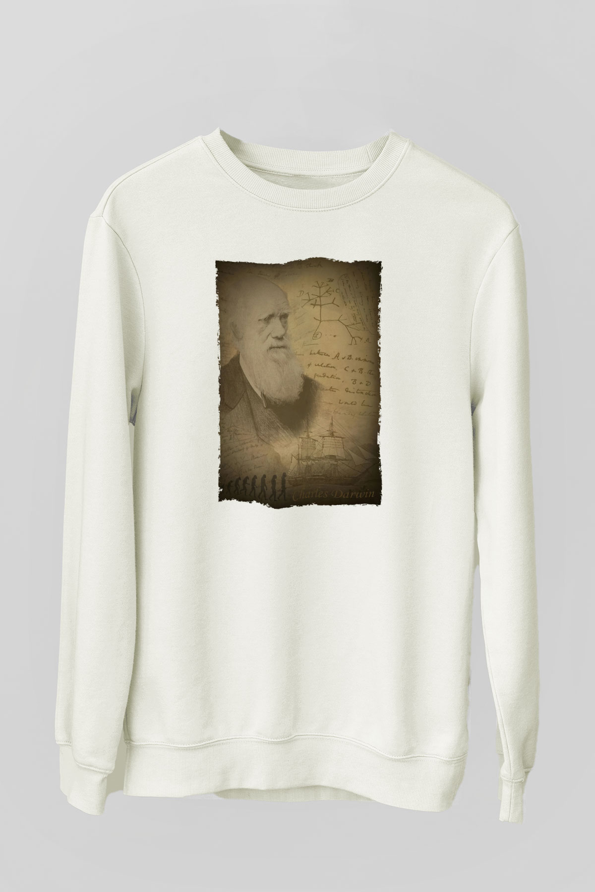 Charles Darwin Baskılı Unisex Ekru Sweatshirt