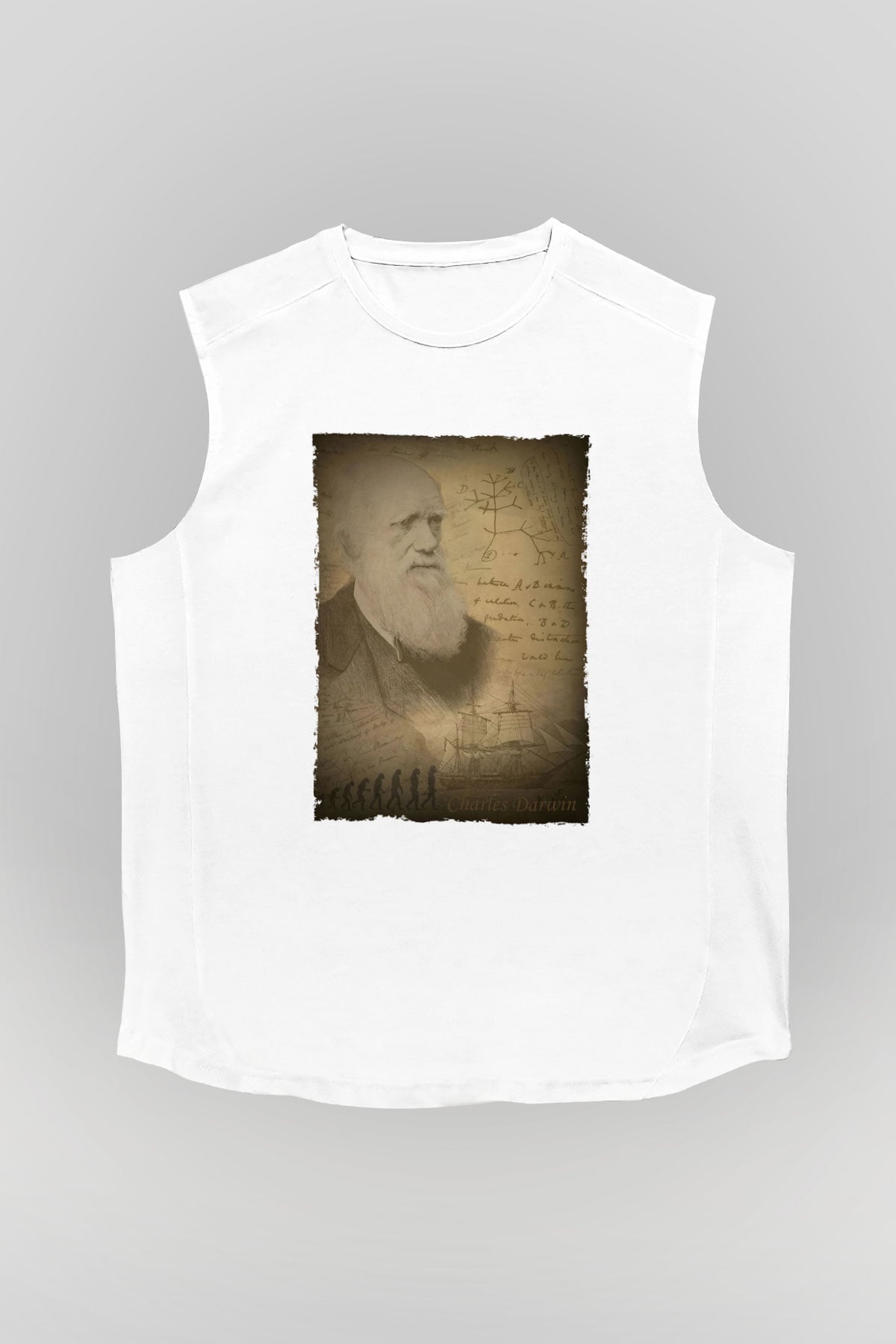 Charles Darwin Baskılı Unisex Kolsuz Beyaz Tişört - Tshirt