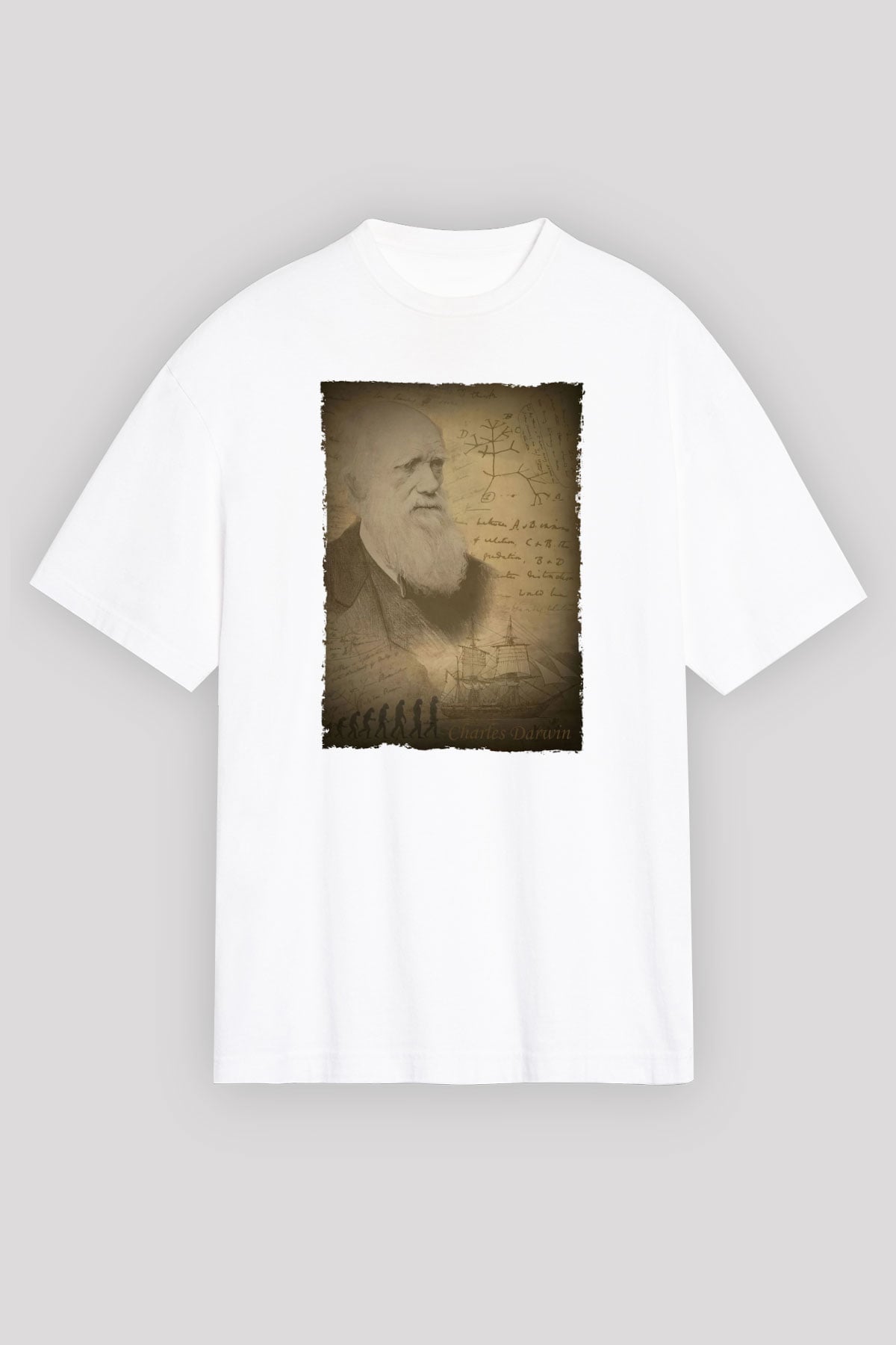 Charles Darwin Baskılı Unisex Oversize Beyaz Tişört - Tshirt