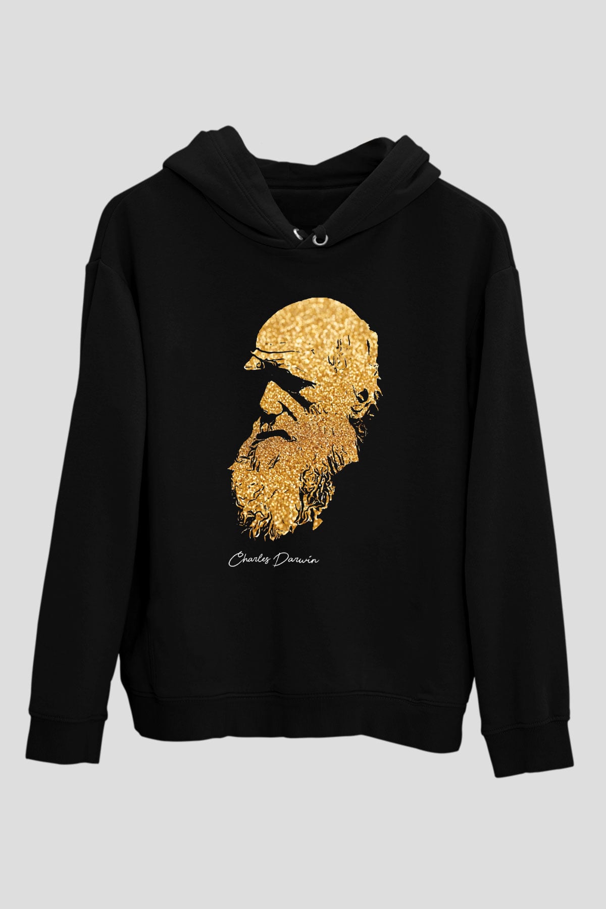 Charles Darwin Baskılı Unisex Siyah Hoodie