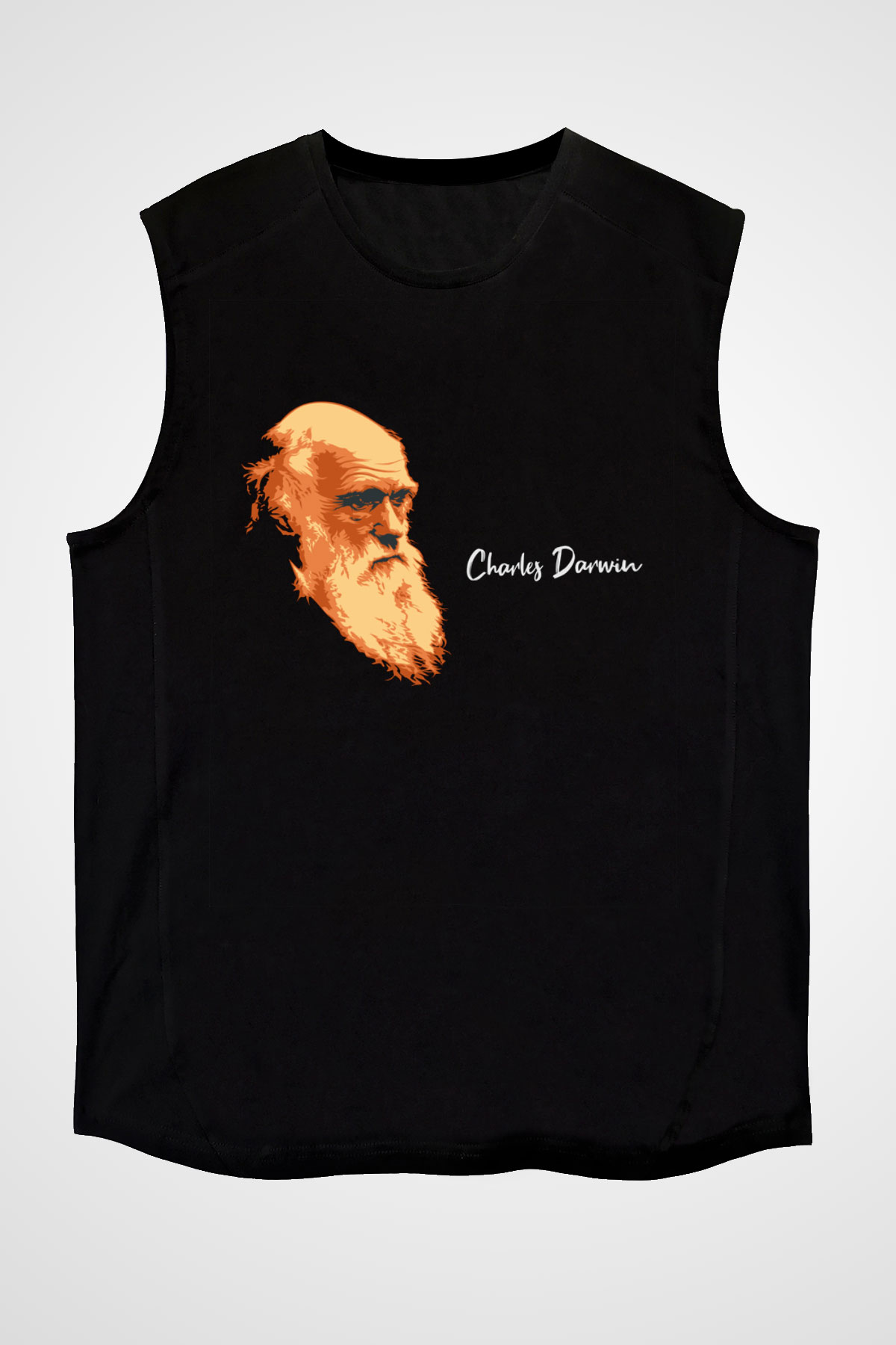 Charles Darwin Görseli Baskılı Unisex Siyah Kolsuz Tişört