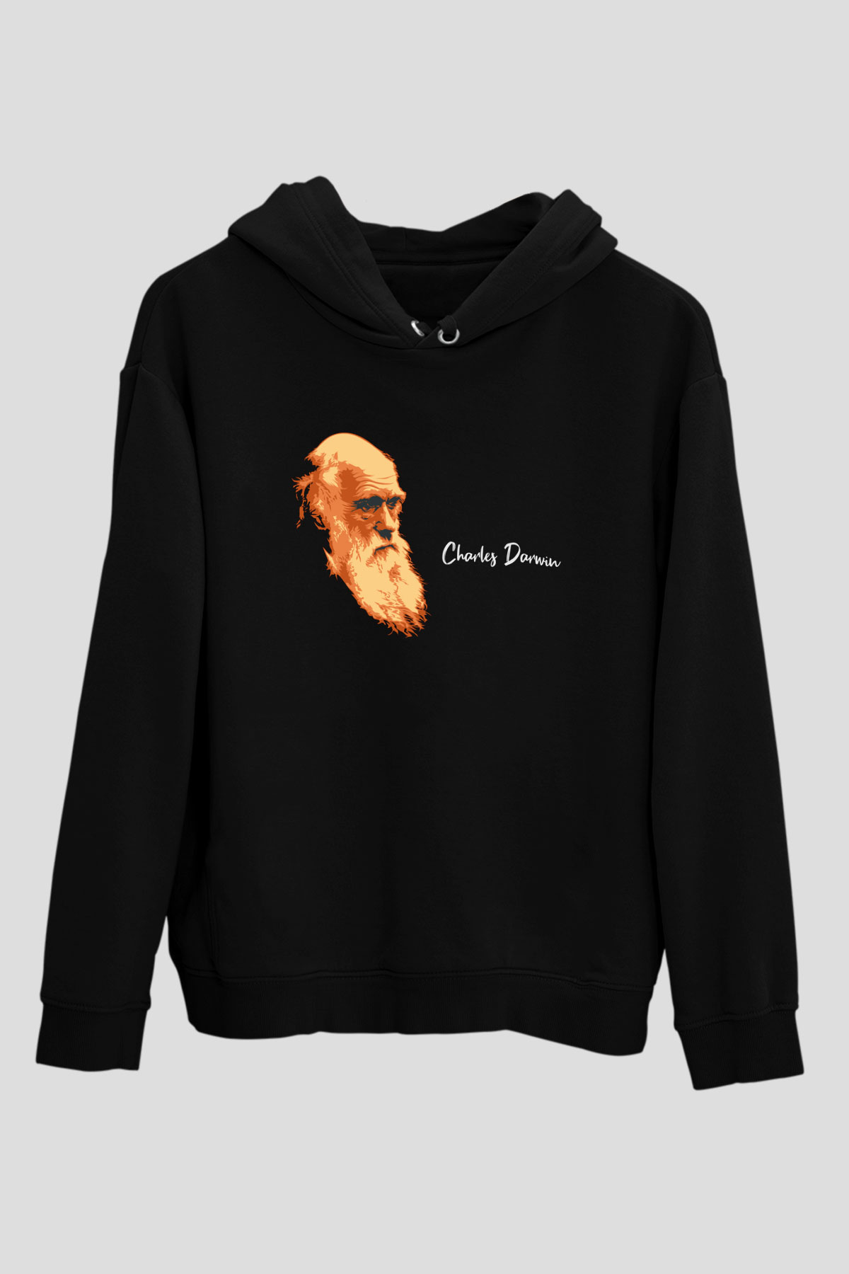 Charles Darwin Görseli Baskılı Unisex Siyah Hoodie