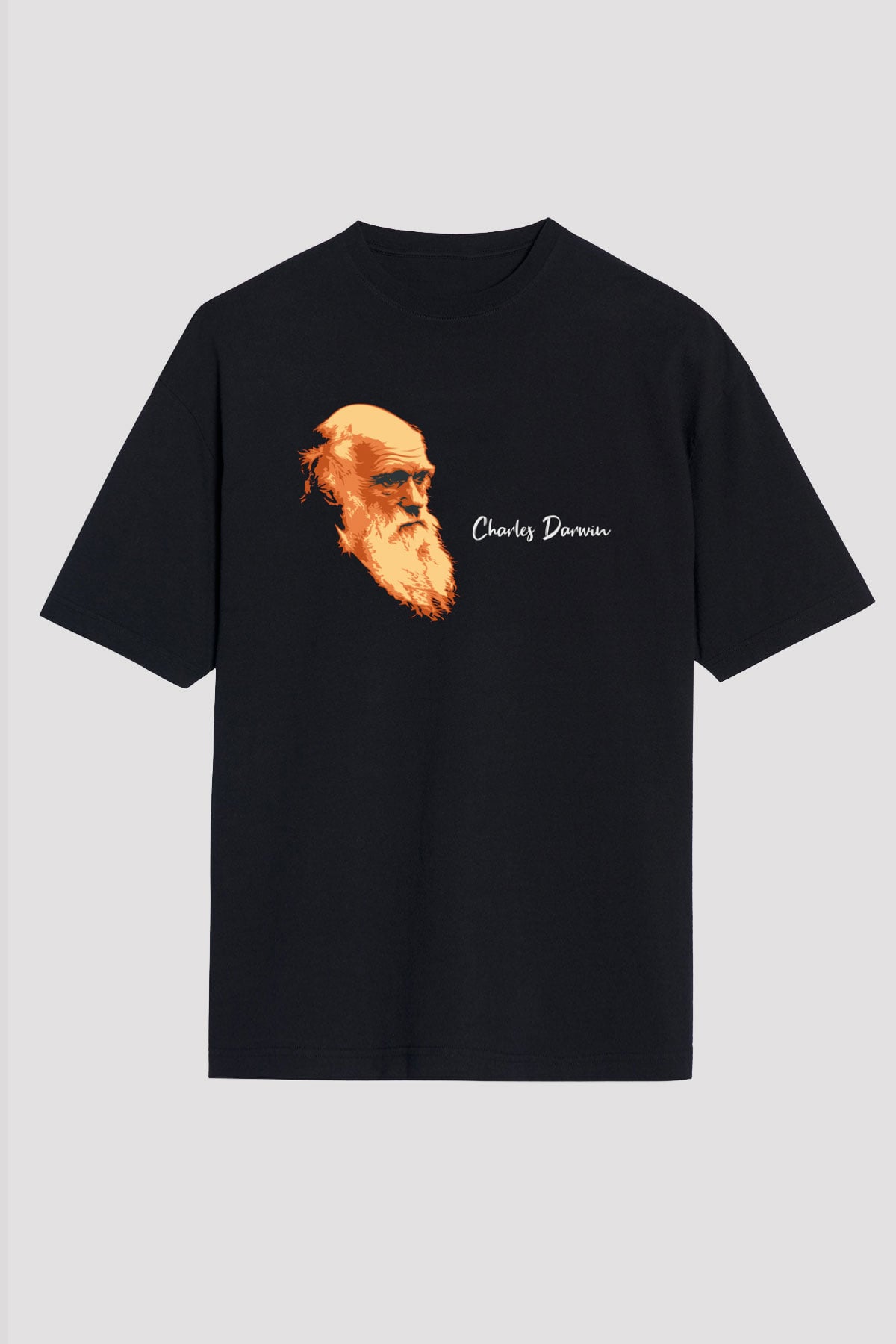 Charles Darwin Görseli Baskılı Unisex Siyah Oversize Tişört