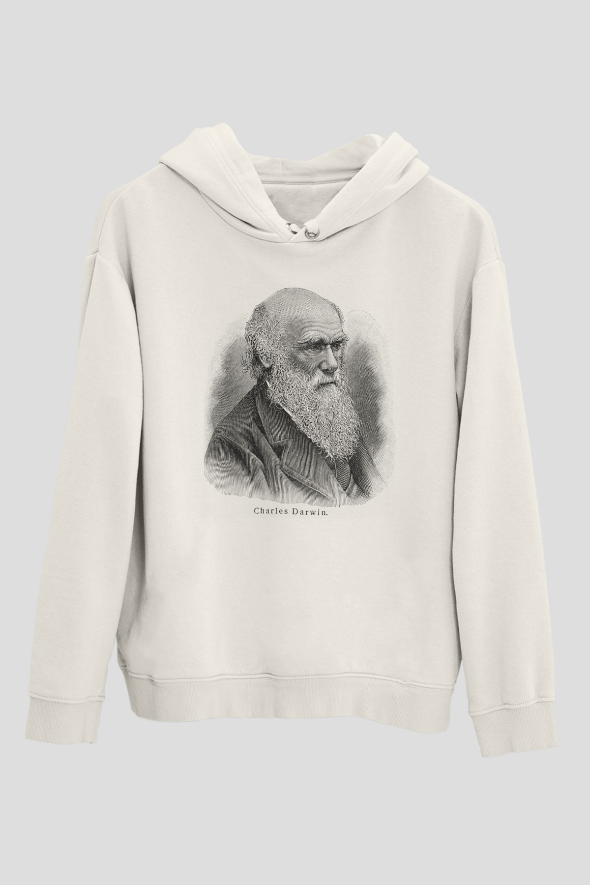 Charles Darwin Portre Baskılı Unisex Beyaz Hoodie