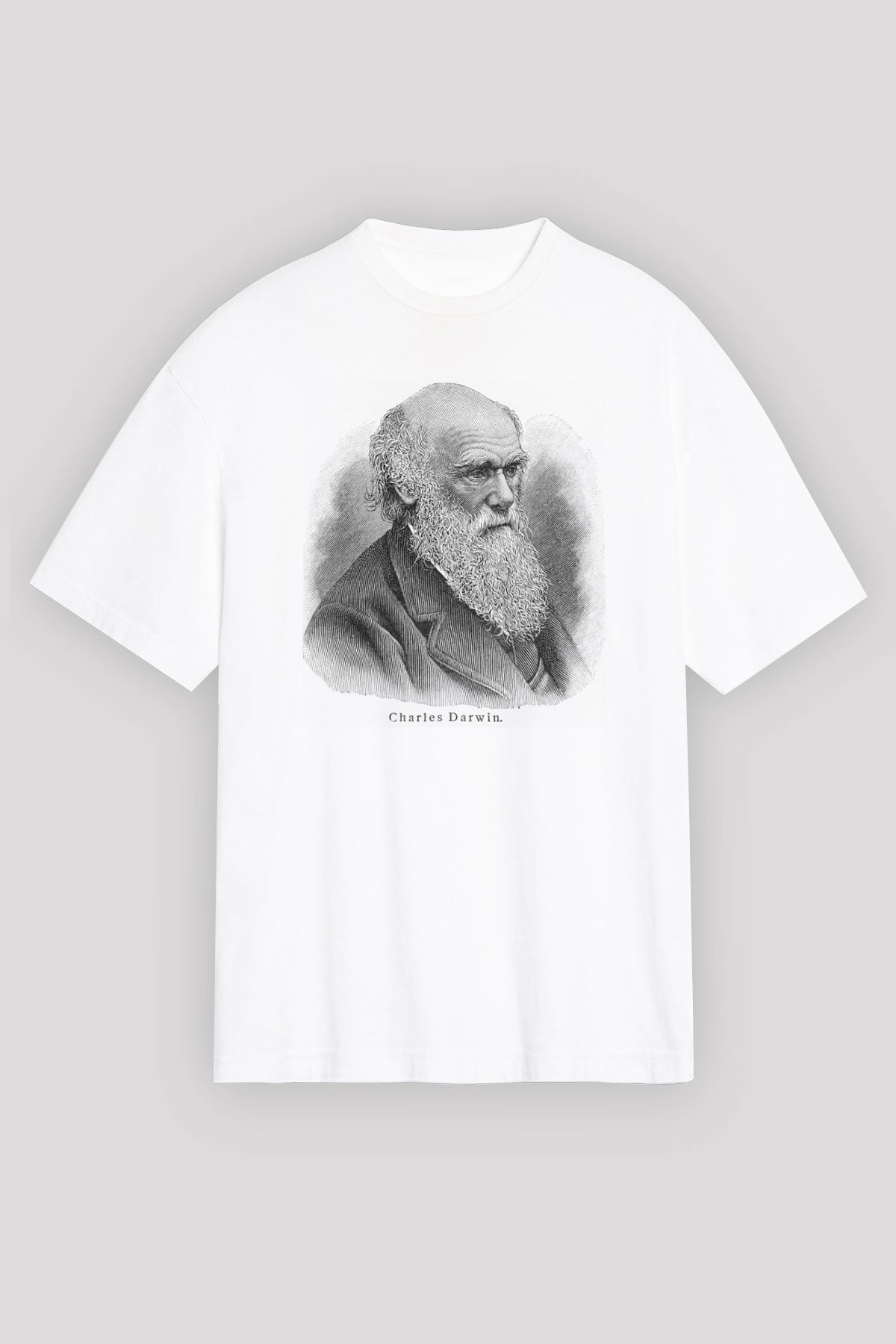 Charles Darwin Portre Baskılı Unisex Beyaz Oversize Tişört