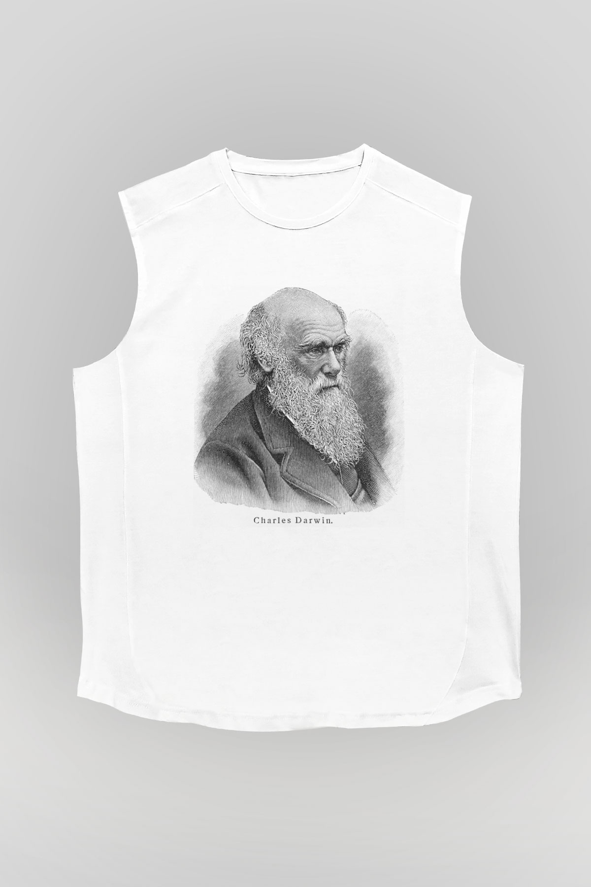 Charles Darwin Portre Baskılı Unisex Beyaz Kolsuz Tişört