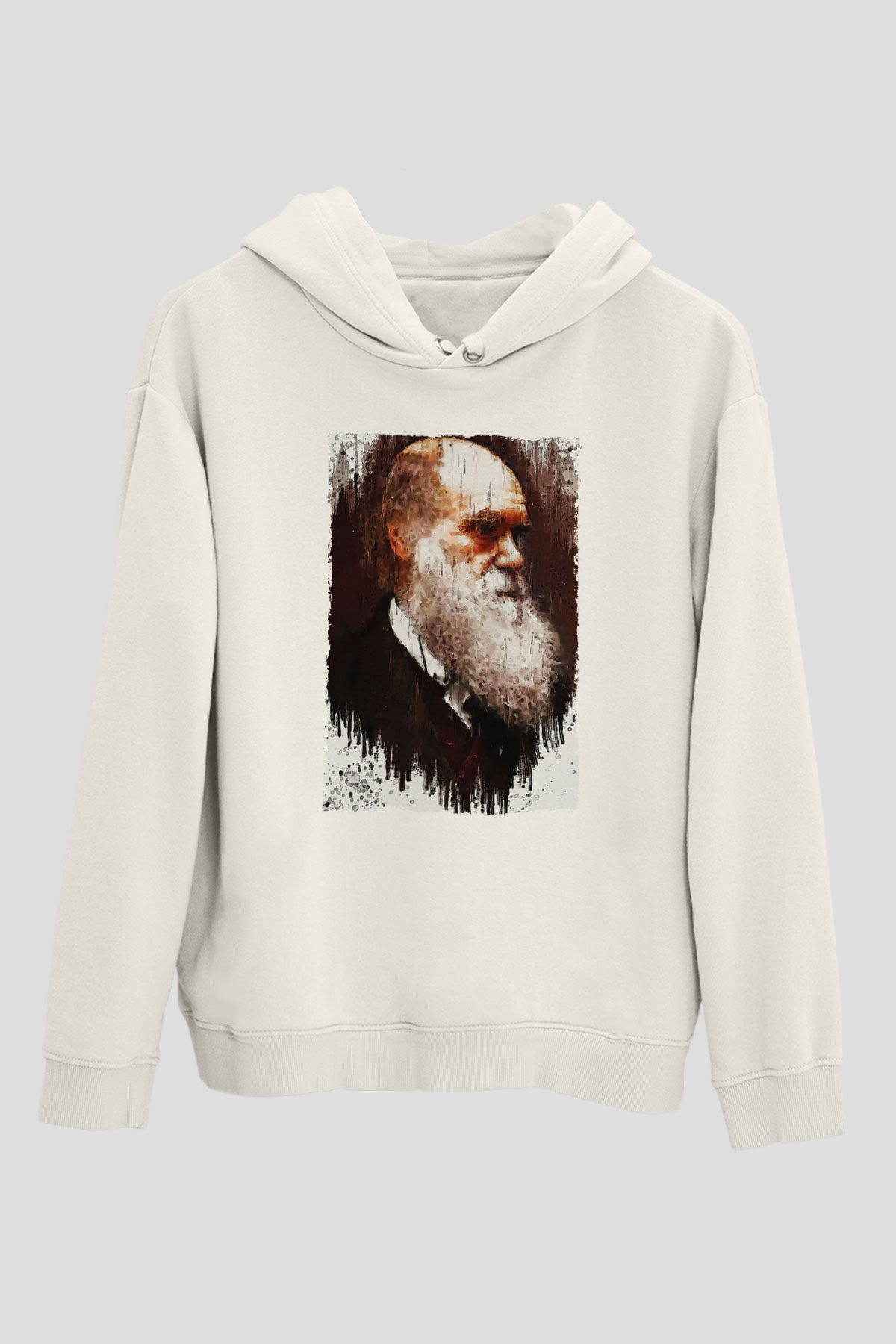 Charles Darwin Portre Baskılı Unisex Ekru Hoodie