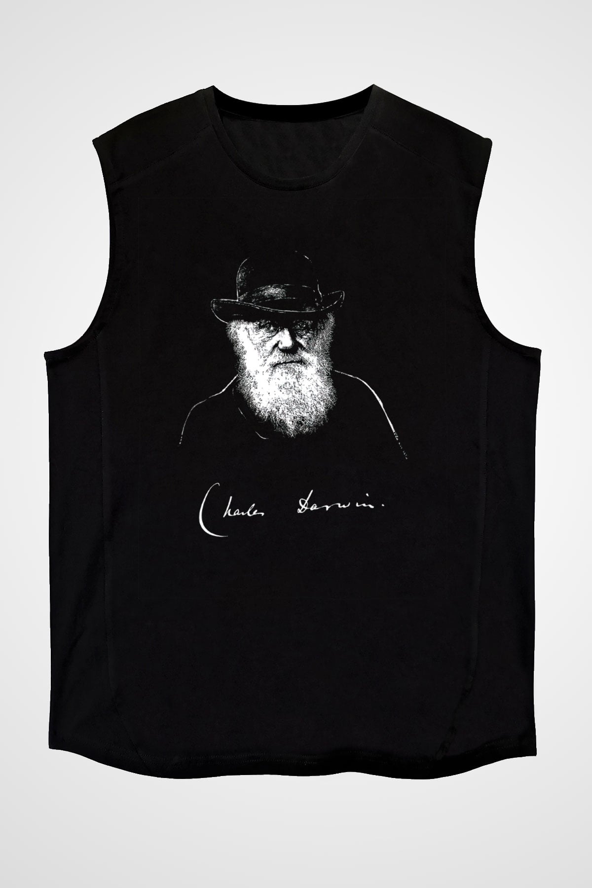 Charles Darwin Portre Baskılı Unisex Kolsuz Siyah Tişört - Tshirt