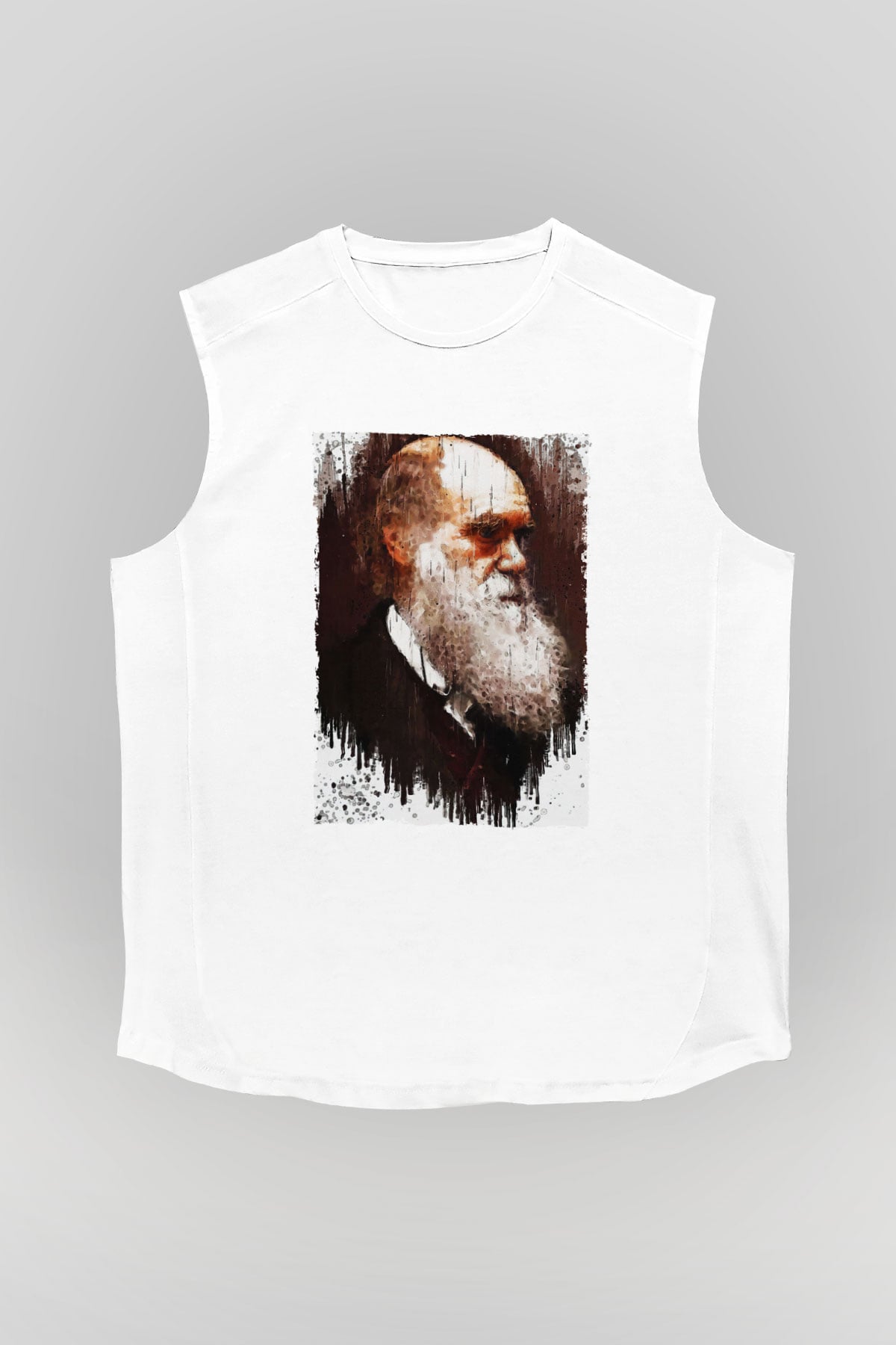 Charles Darwin Portre Baskılı Unisex Kolsuz Beyaz Tişört - Tshirt