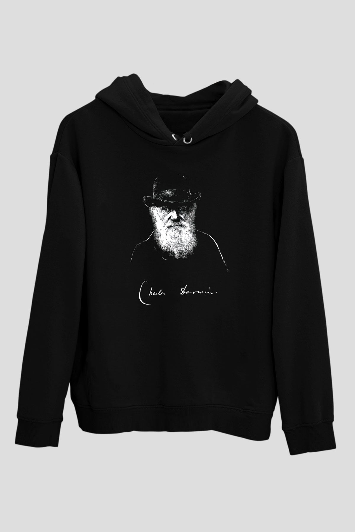 Charles Darwin Portre Baskılı Unisex Siyah Hoodie