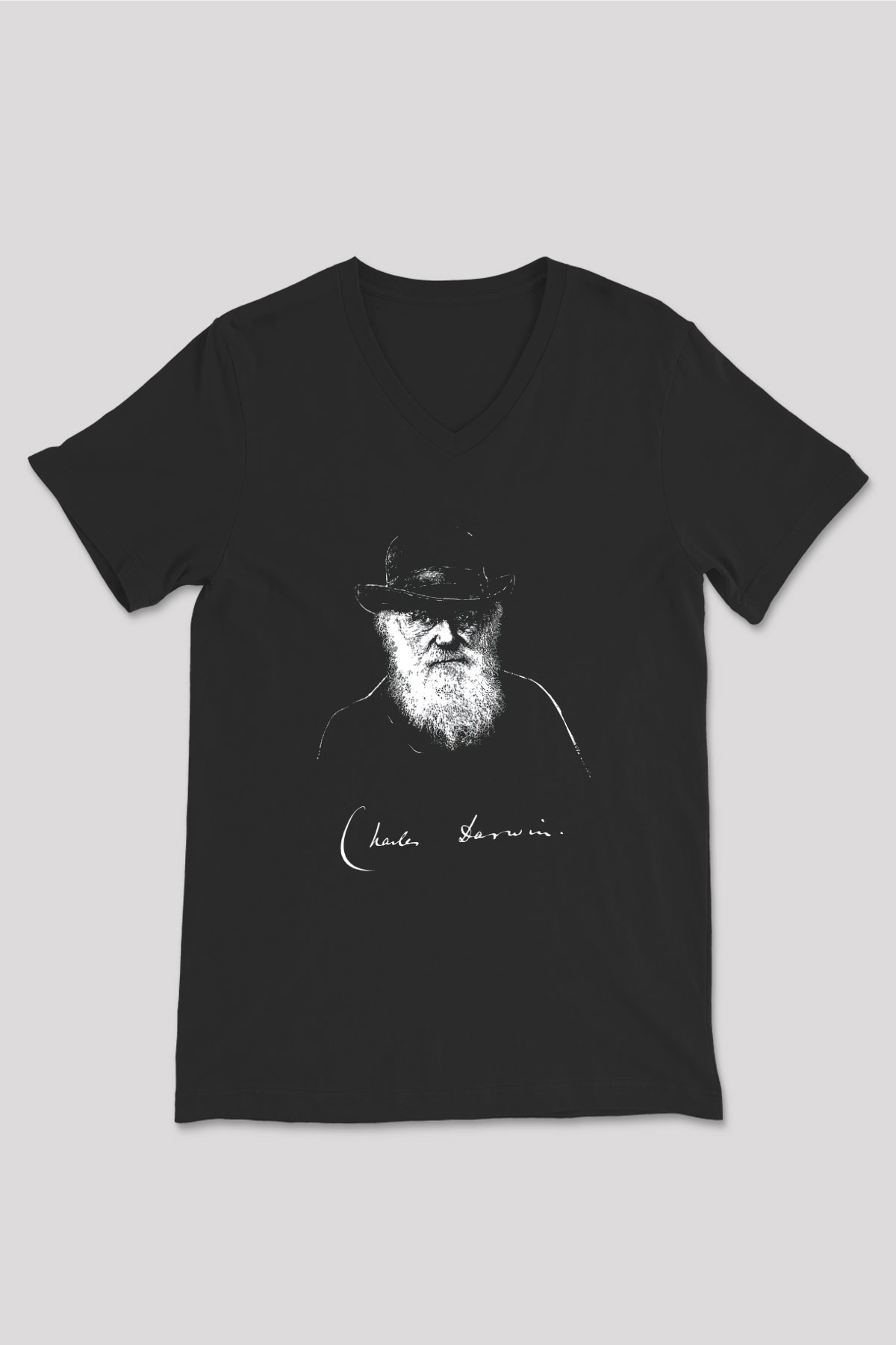 Charles Darwin Portre Baskılı Unisex V Yaka Siyah Tİşört - Tshirt