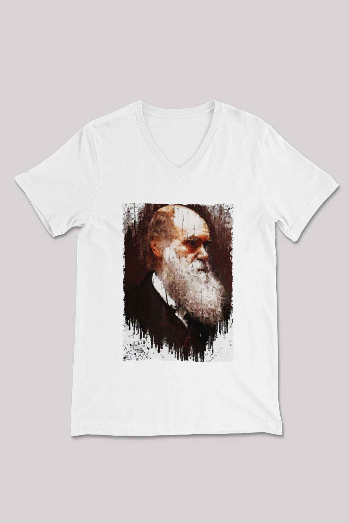 Charles Darwin Portre Baskılı Unisex V Yaka Beyaz Tişört - Tshirt