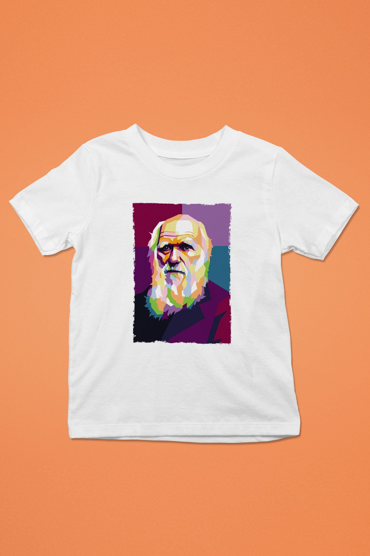 Charles Darwin Renkli Portre Baskılı Unisex Beyaz Çocuk Tişörtü - Tshirt